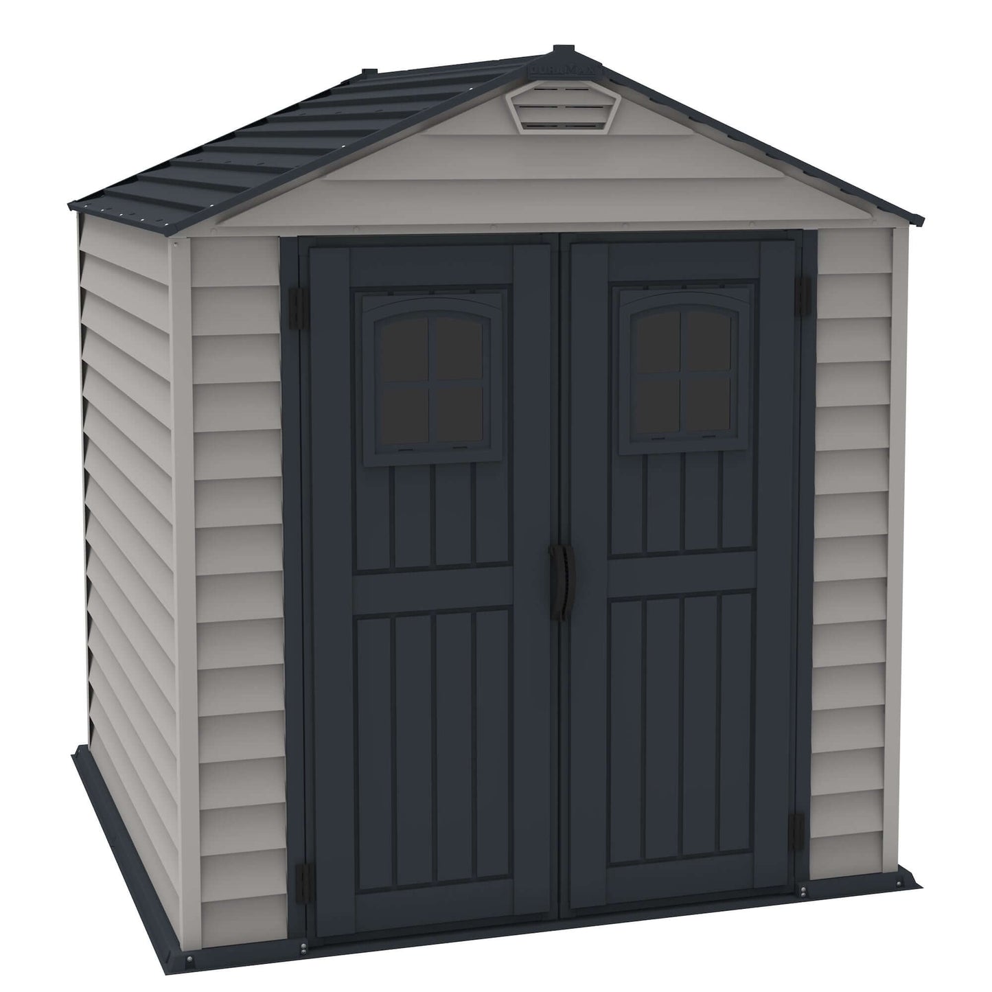 Duramax 7x7 StoreMax PLUS vinyl shed w/ robust design and molded floor. Ideal for storage and enhancing outdoor beauty.