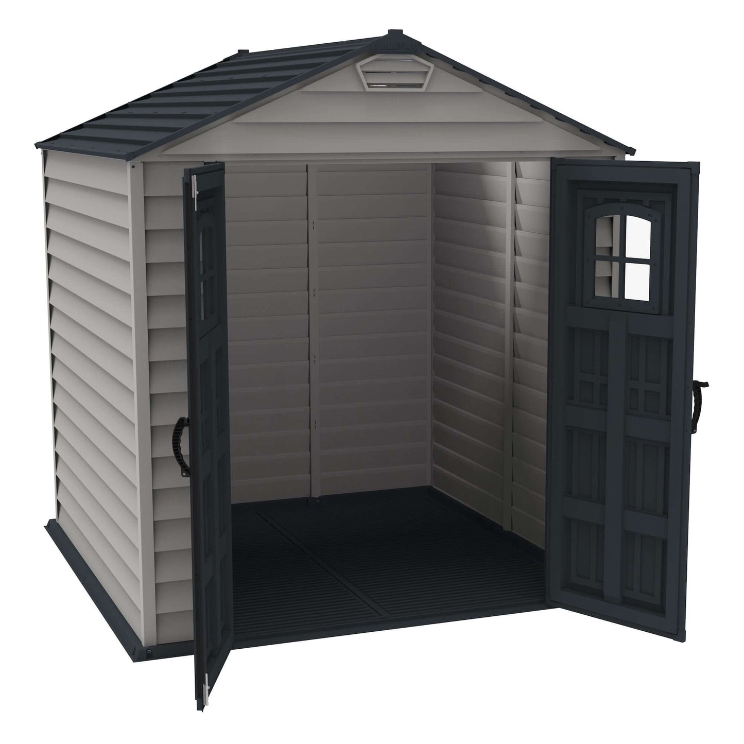 Duramax 7x7 StoreMax PLUS Vinyl Shed with Floor, showcasing double doors and durable design, ideal for storage solutions.