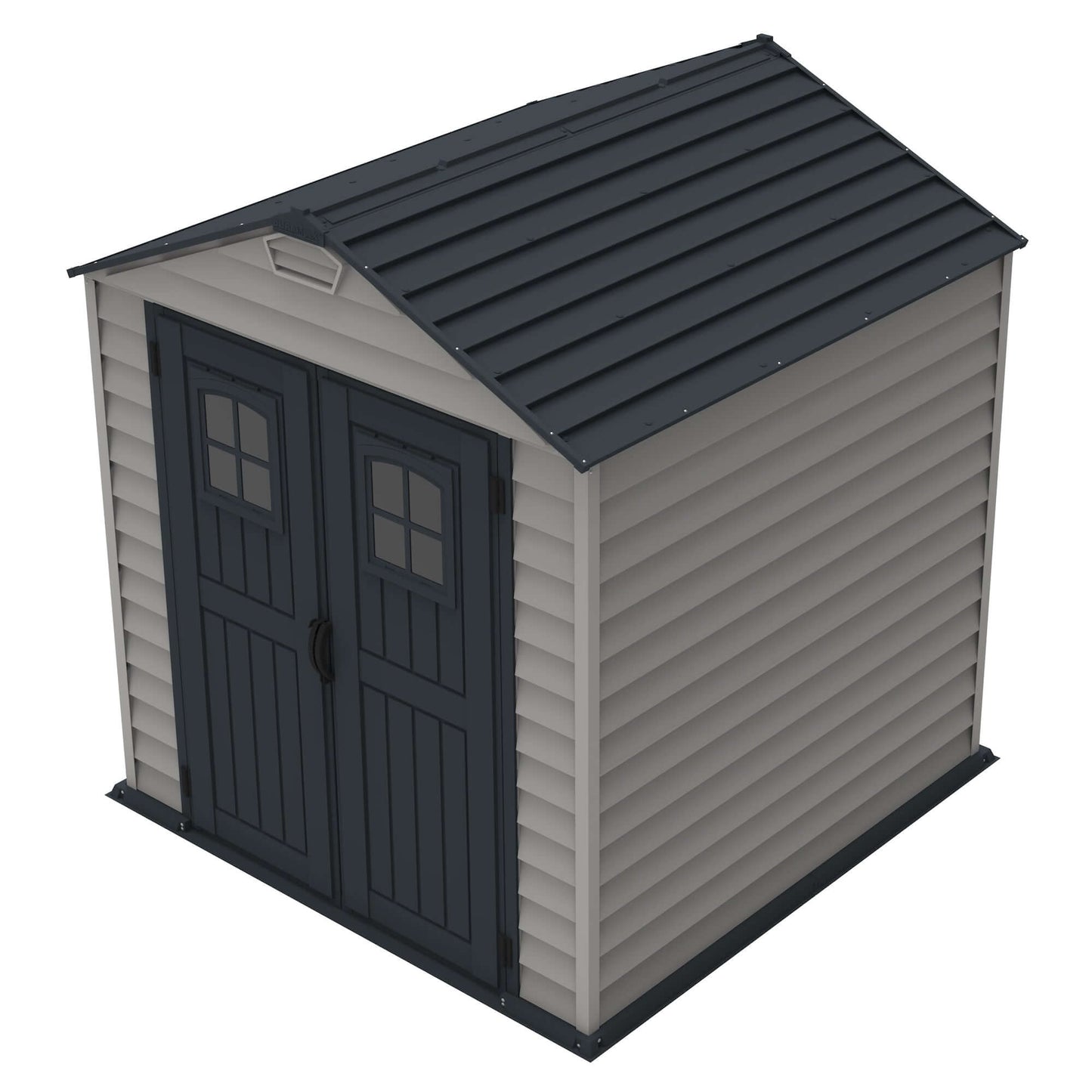 Duramax 7x7 StoreMax PLUS vinyl shed with floor, featuring a durable design and galvanized steel support, perfect for outdoor storage.