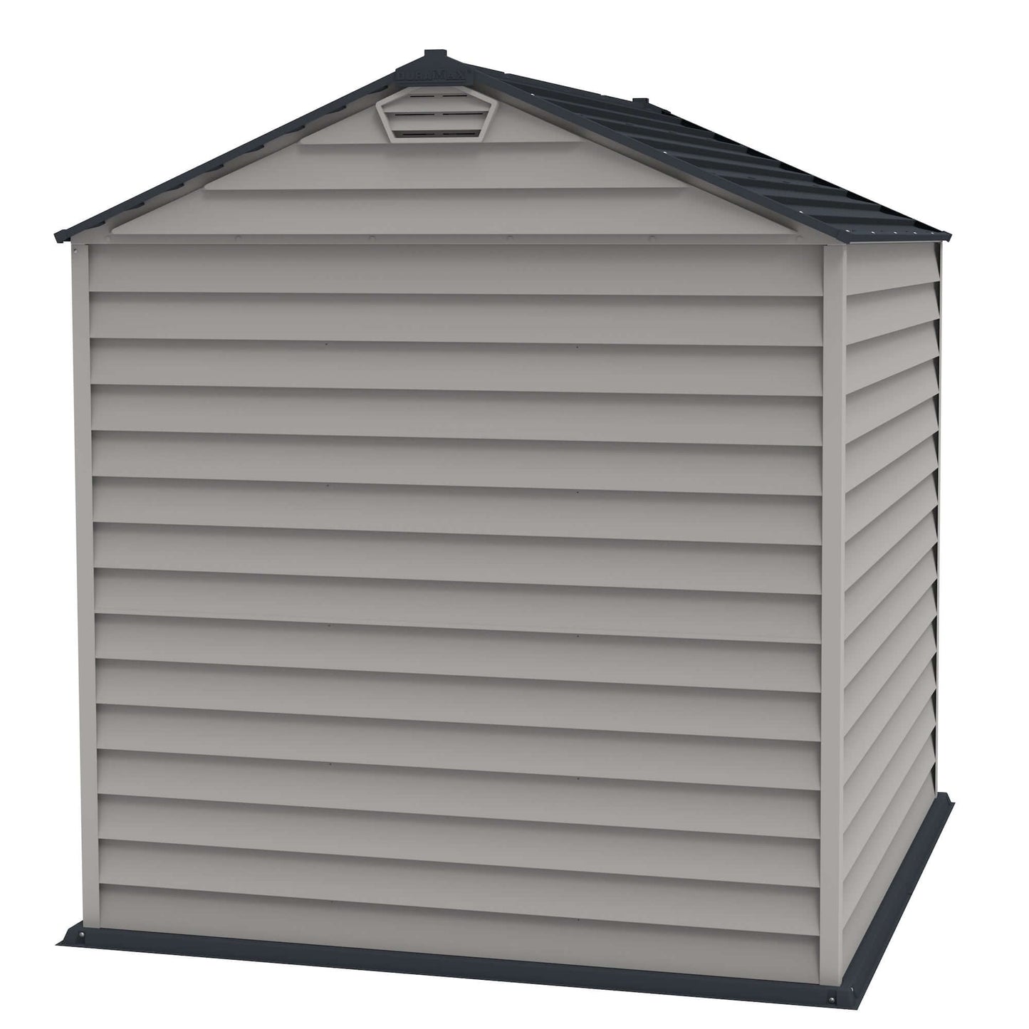 Duramax 7x7 StoreMax PLUS Vinyl Shed with durable vinyl and galvanized steel, perfect for storage and garden aesthetics.