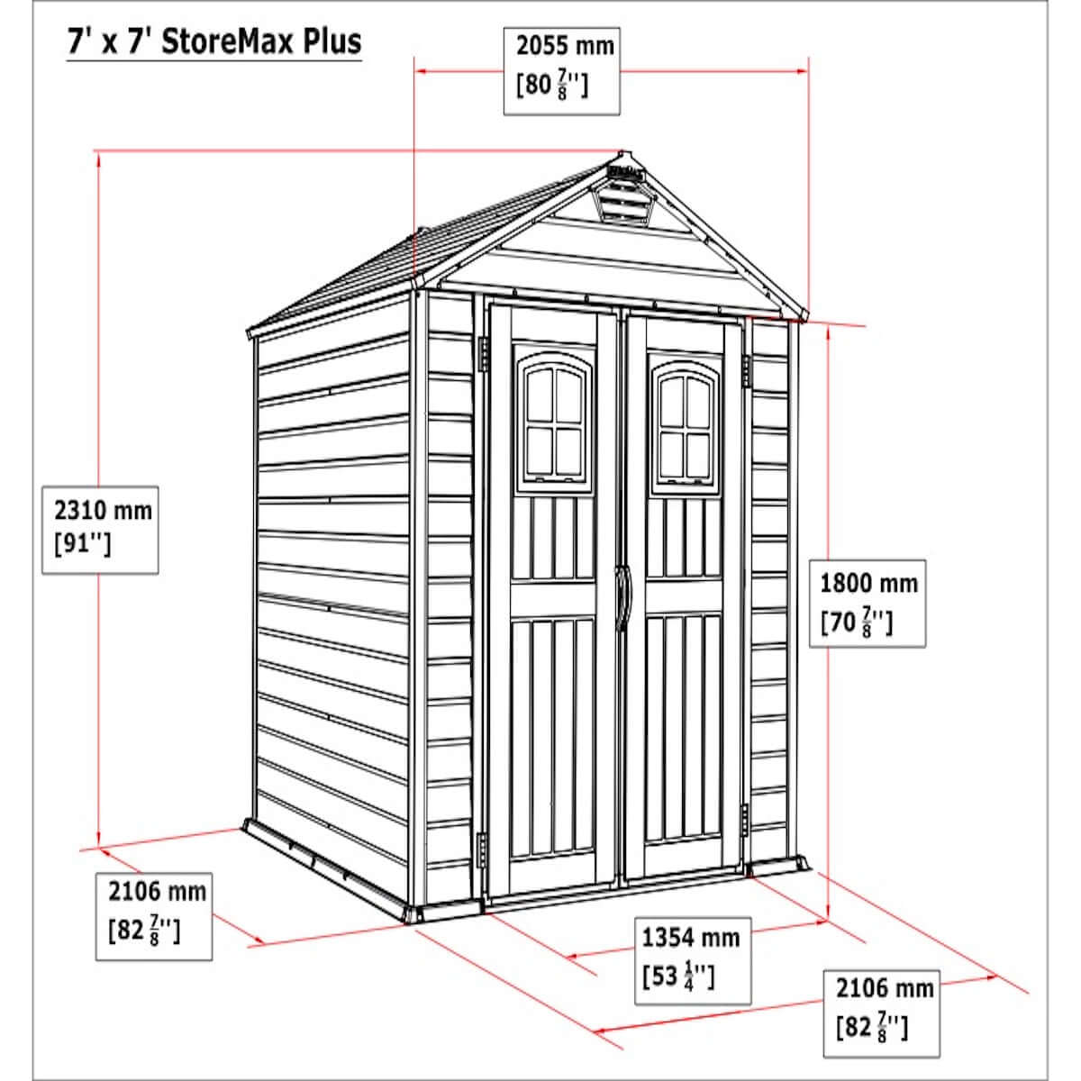 Illustration of Duramax 7x7 StoreMax PLUS vinyl shed with dimensions showing robust design and space efficiency.