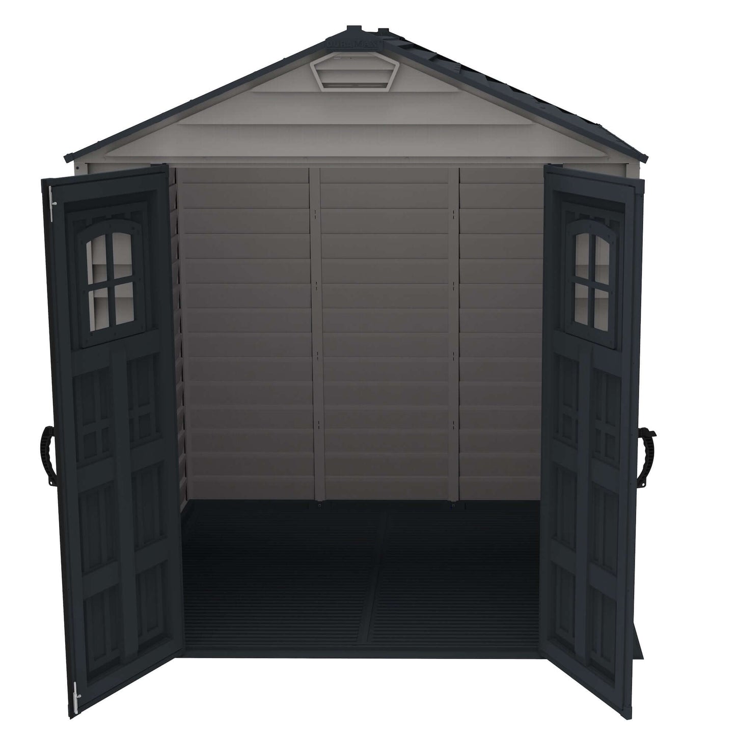 Duramax 7x7 StoreMax PLUS vinyl shed with open doors, showcasing fire-retardant vinyl resin construction and robust floor.