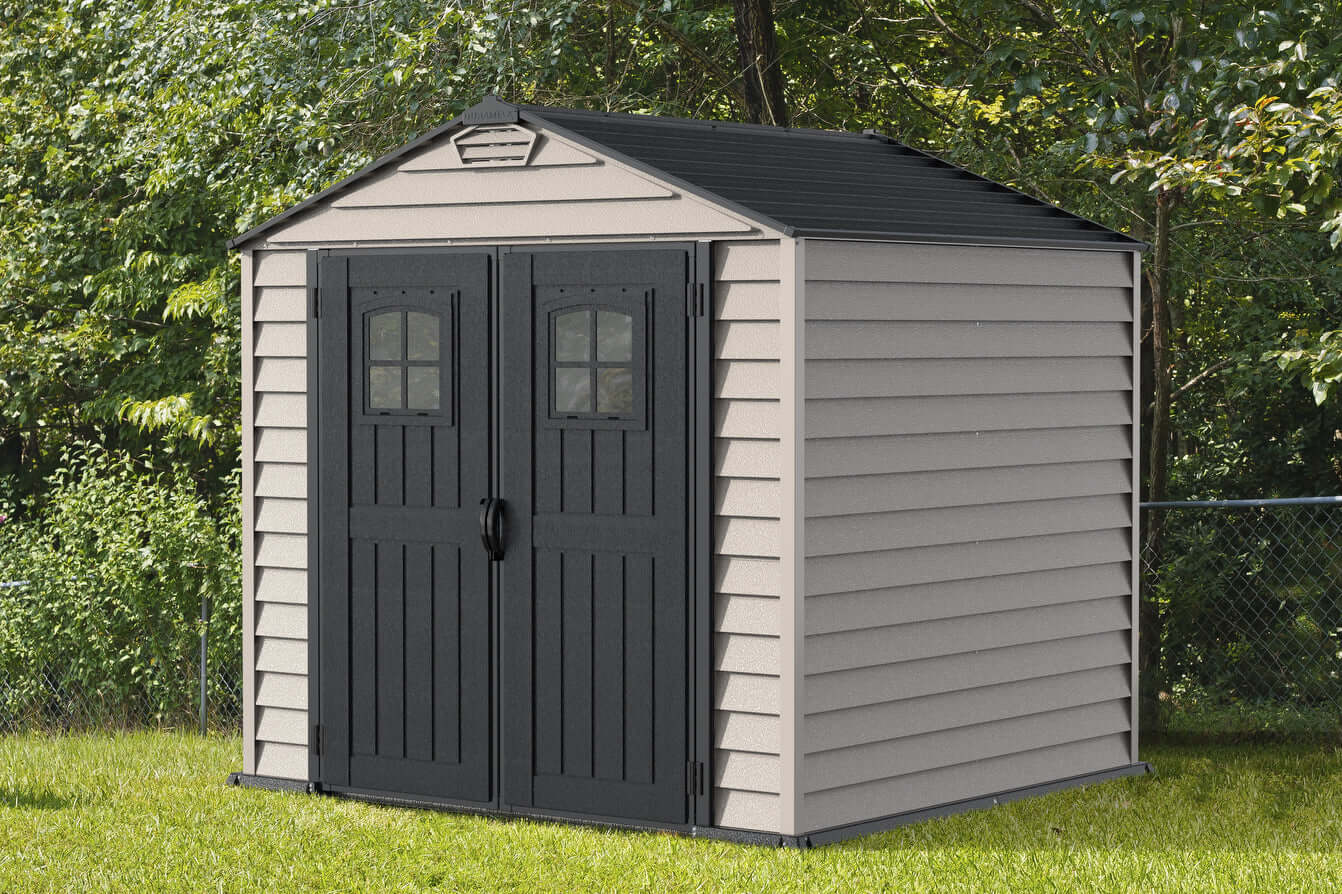 Duramax 7x7 StoreMax PLUS Vinyl Shed with Floor, featuring durable fire-retardant vinyl and galvanized steel supports.