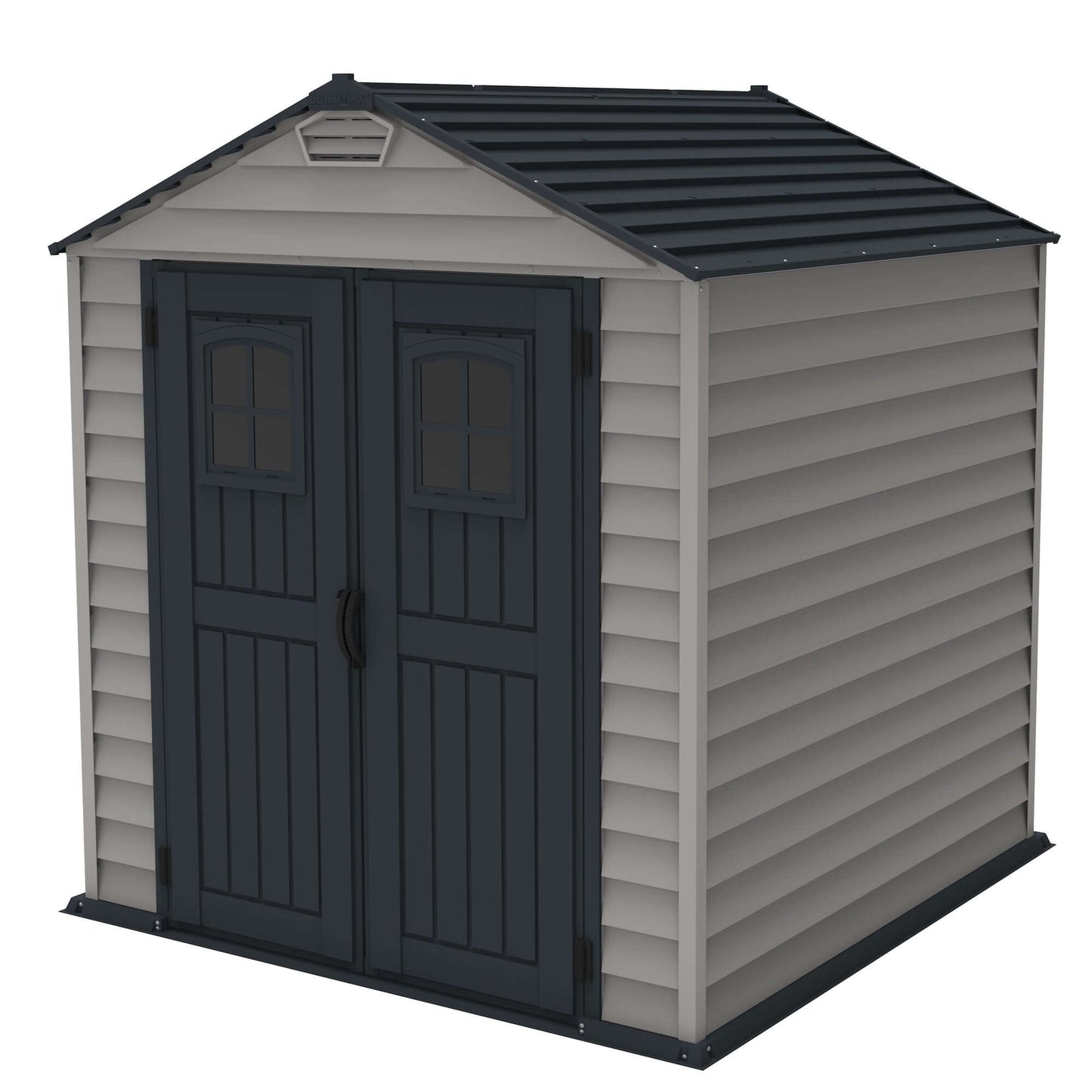 Duramax 7x7 StoreMax PLUS vinyl shed with floor, featuring durable fire-retardant vinyl and galvanized steel, ideal for storage.