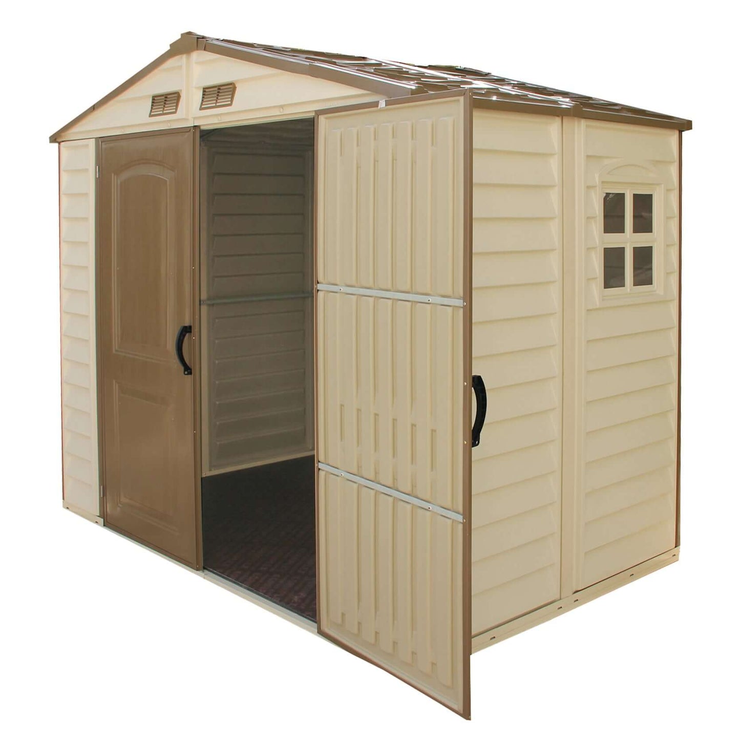 Duramax 8x6 StoreAll Vinyl Shed with open double doors and foundation, ideal outdoor storage solution for backyards.