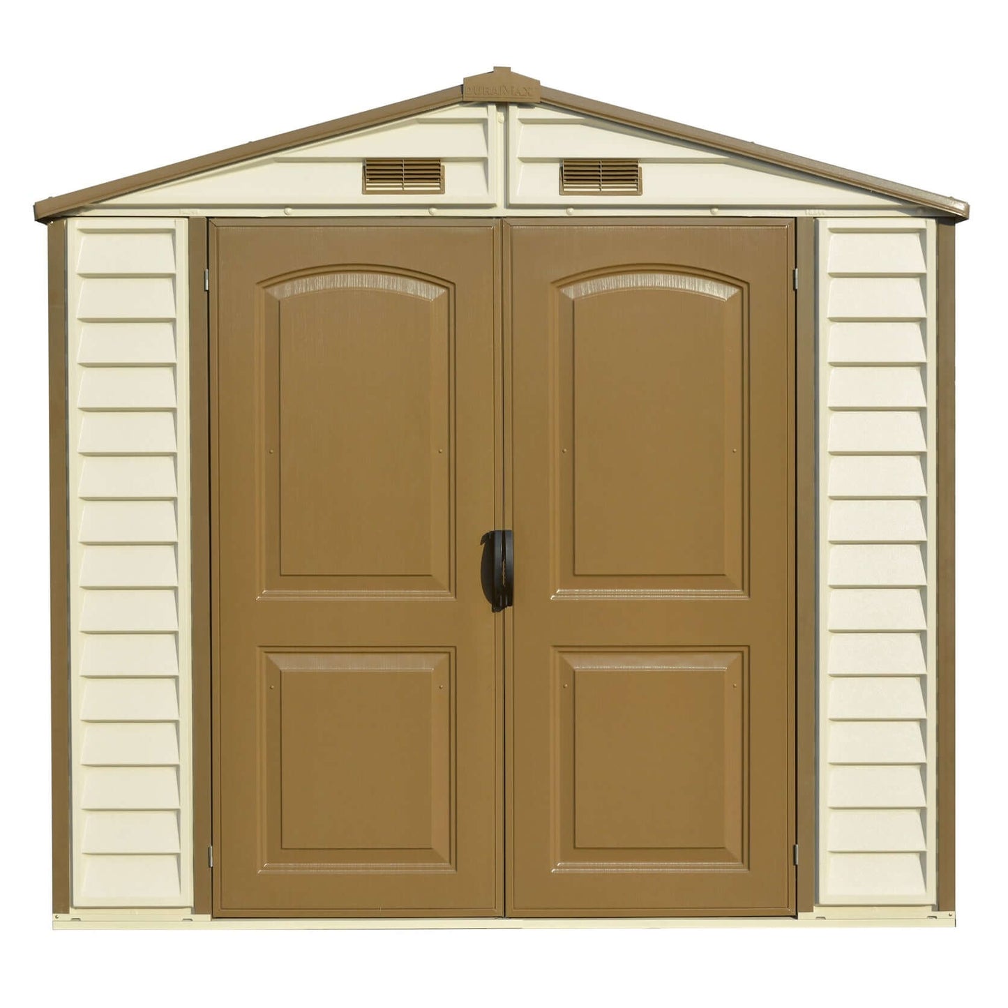 Duramax 8x6 StoreAll Vinyl Shed with foundation, offering robust storage with reinforced wall columns. Ideal for backyard use.