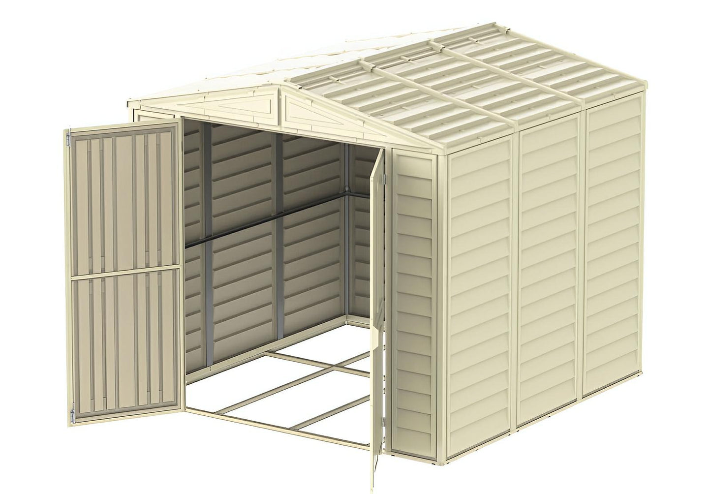 Duramax 8x8 DuraMate Vinyl Shed with open double doors and metal-reinforced walls, featuring a foundation framing kit.