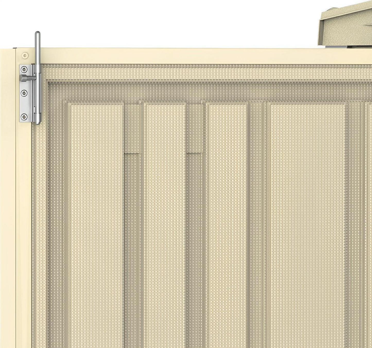 Close-up of beige vinyl panels on a Duramax 8x8 DuraMate Shed, showing metal hinge detail.