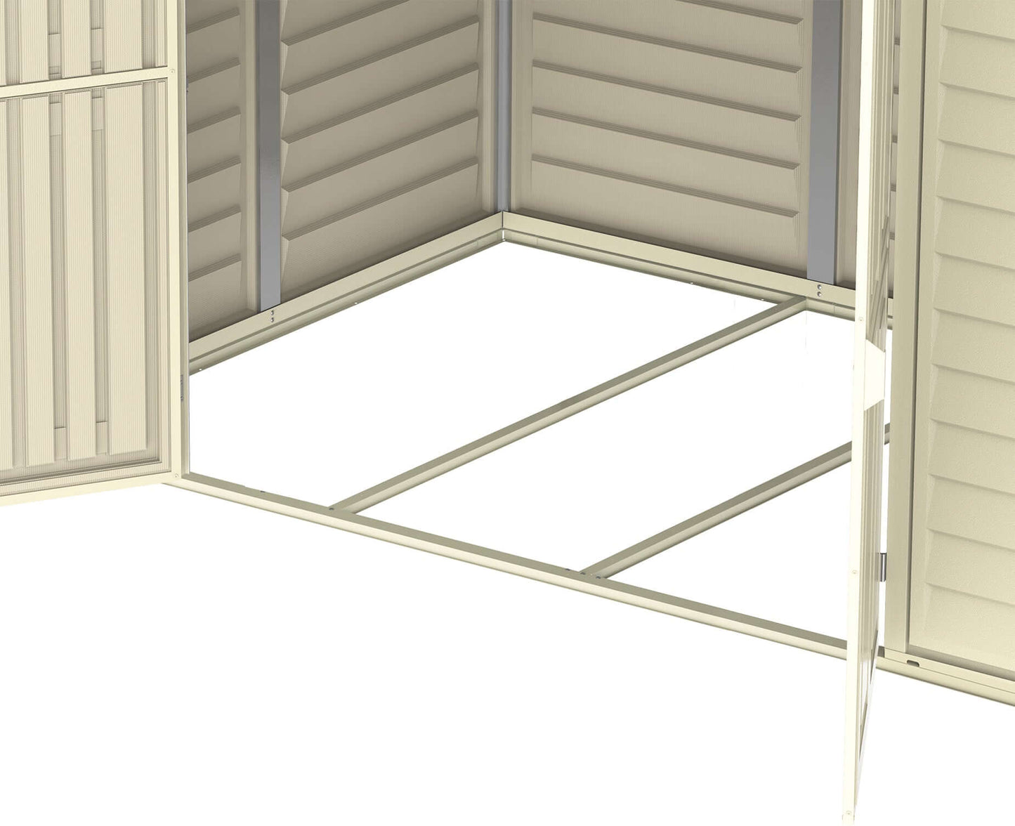 Duramax 8x8 DuraMate Vinyl Shed interior with foundation framing kit, showing spacious double door and metal-reinforced walls.