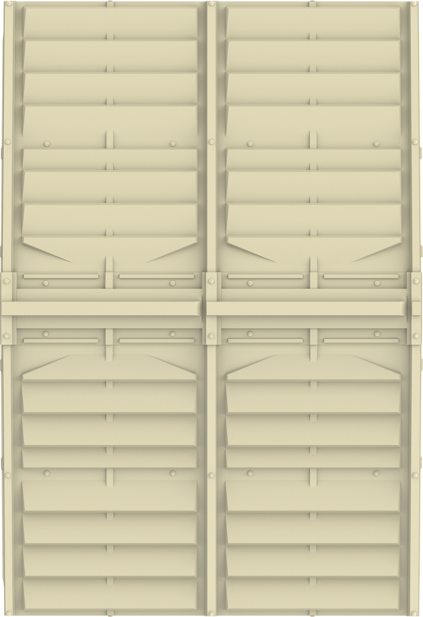 Tan panel of Duramax DuraMate Vinyl Shed showcasing durable, louvered texture in close-up.
