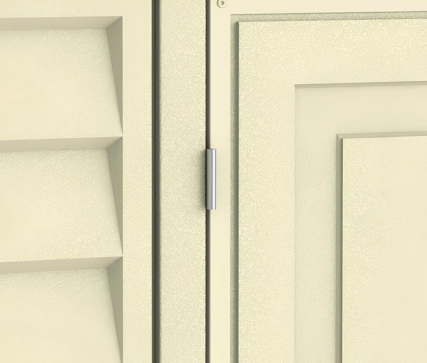 Close-up of Duramax 8x8 DuraMate Vinyl Shed's double doors showing metal reinforcement.