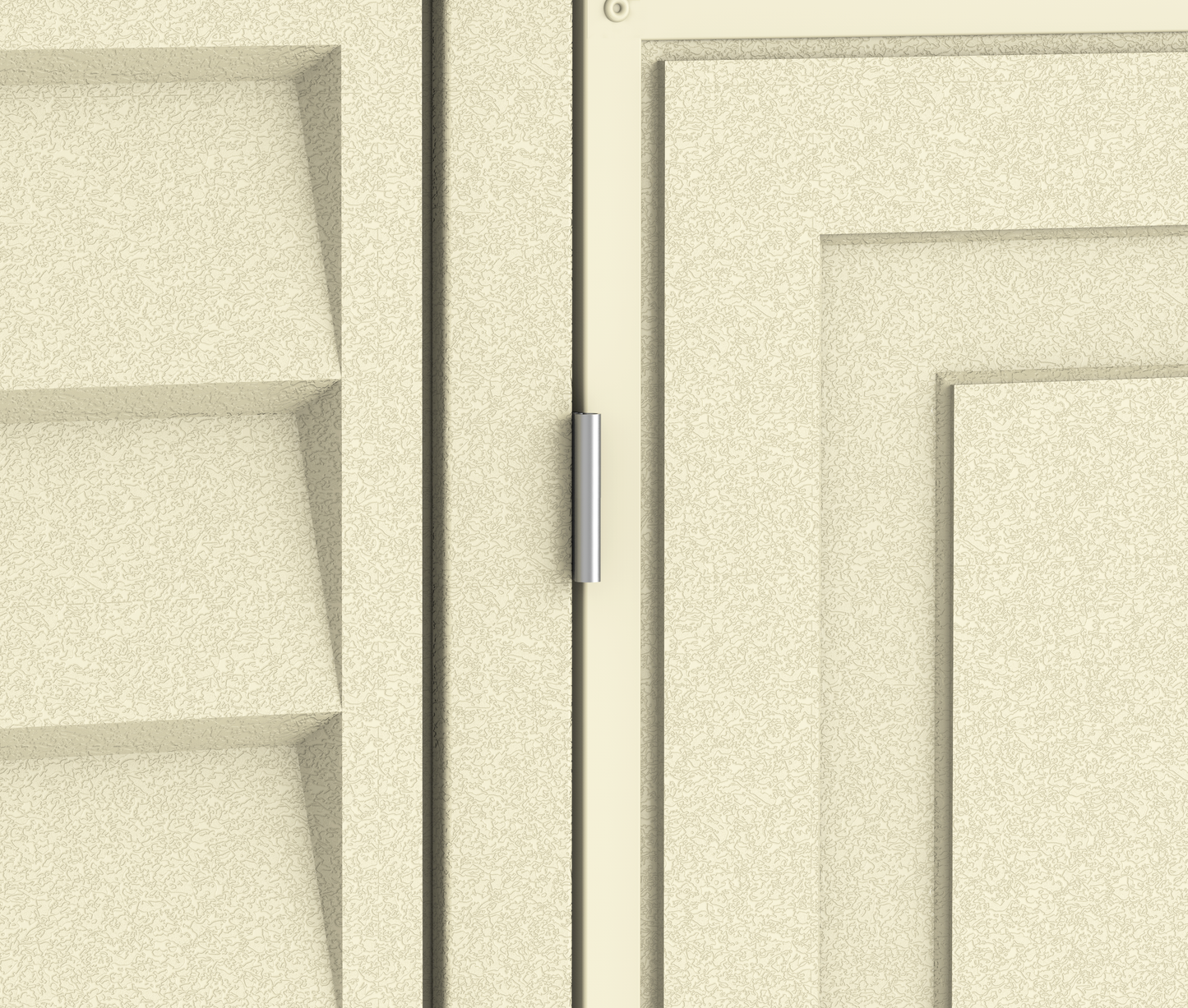 Close-up of Duramax 8x8 DuraMate Vinyl Shed door hinge detail