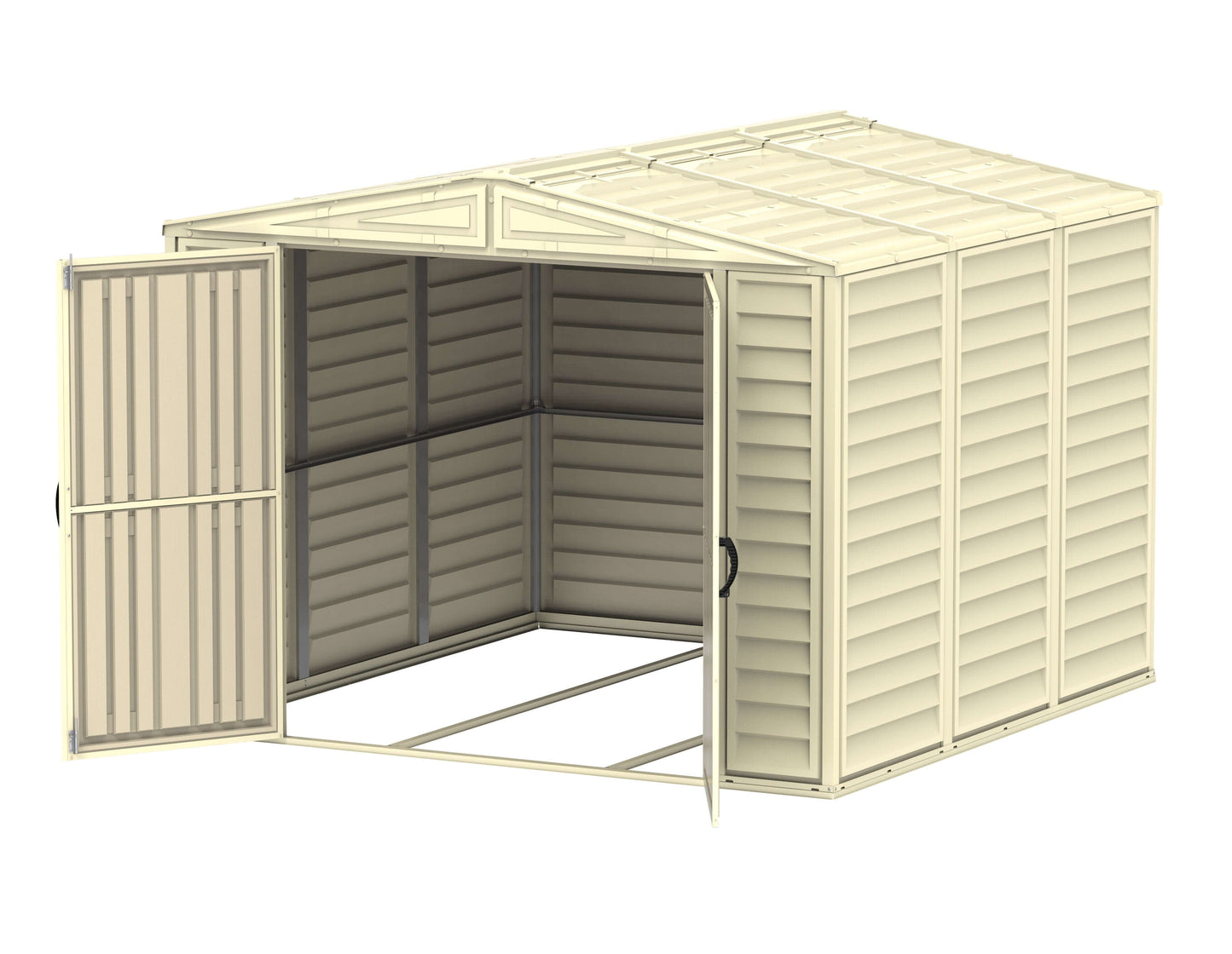 Plastic shed with open double doors, metal-reinforced walls, and foundation kit, highlighting Duramax 8x8 DuraMate design.