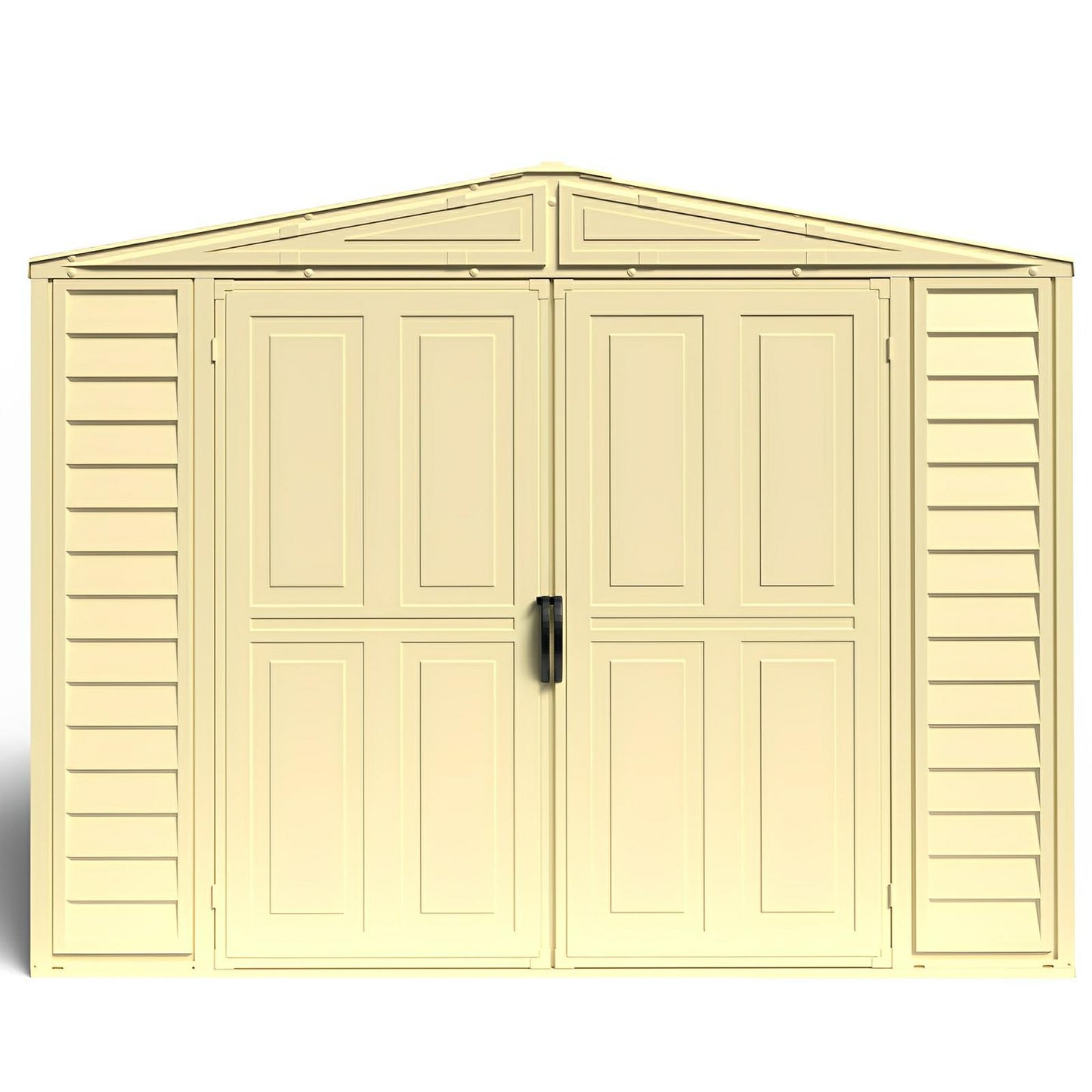Front view of a Duramax 8x8 DuraMate vinyl shed with double doors and reinforced walls, ideal for backyard storage.