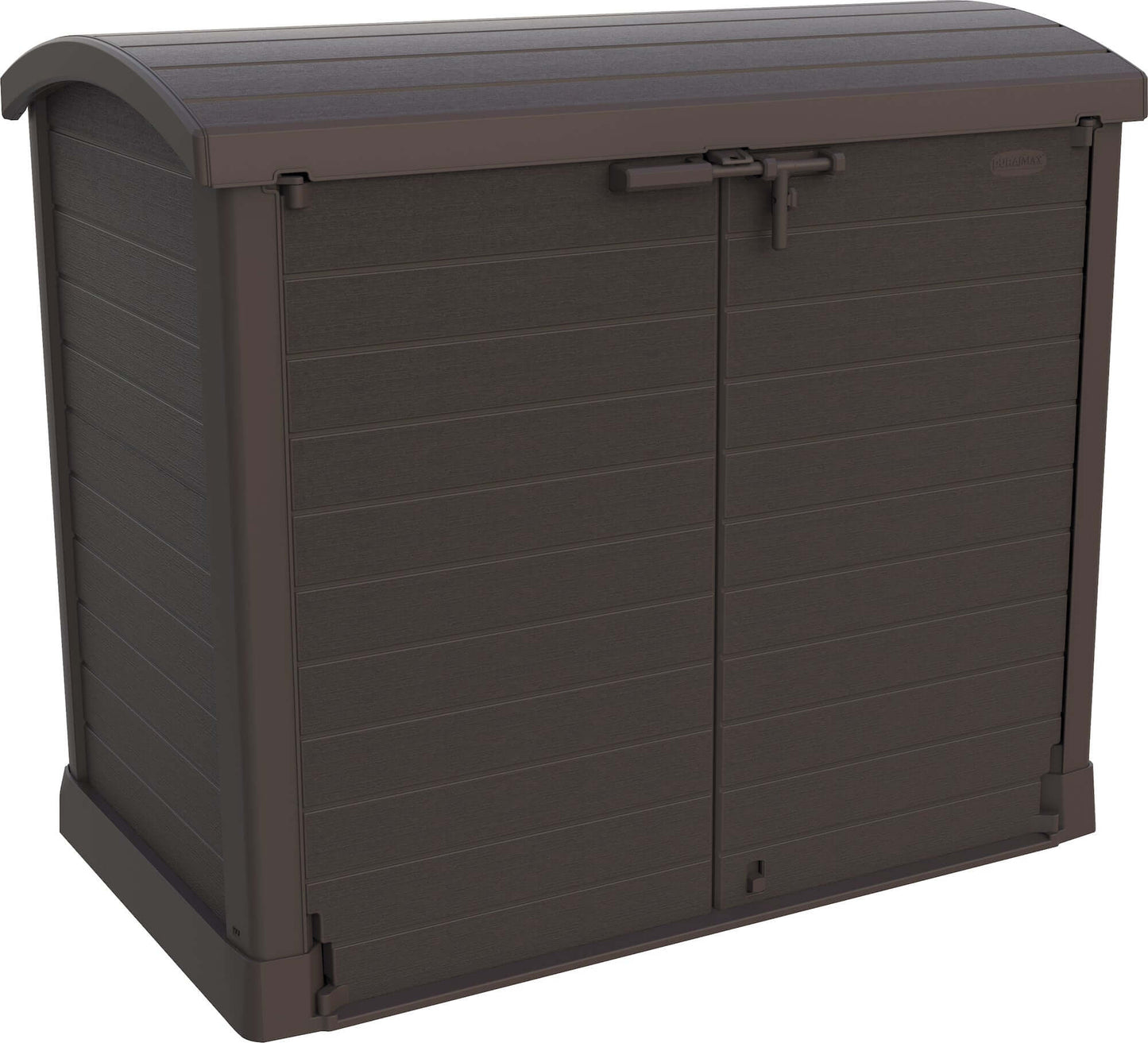 Duramax Storeaway Arc Lid 1200L Brown shed for outdoor storage of tools and bikes, featuring wide-opening doors and weatherproof plastic design.