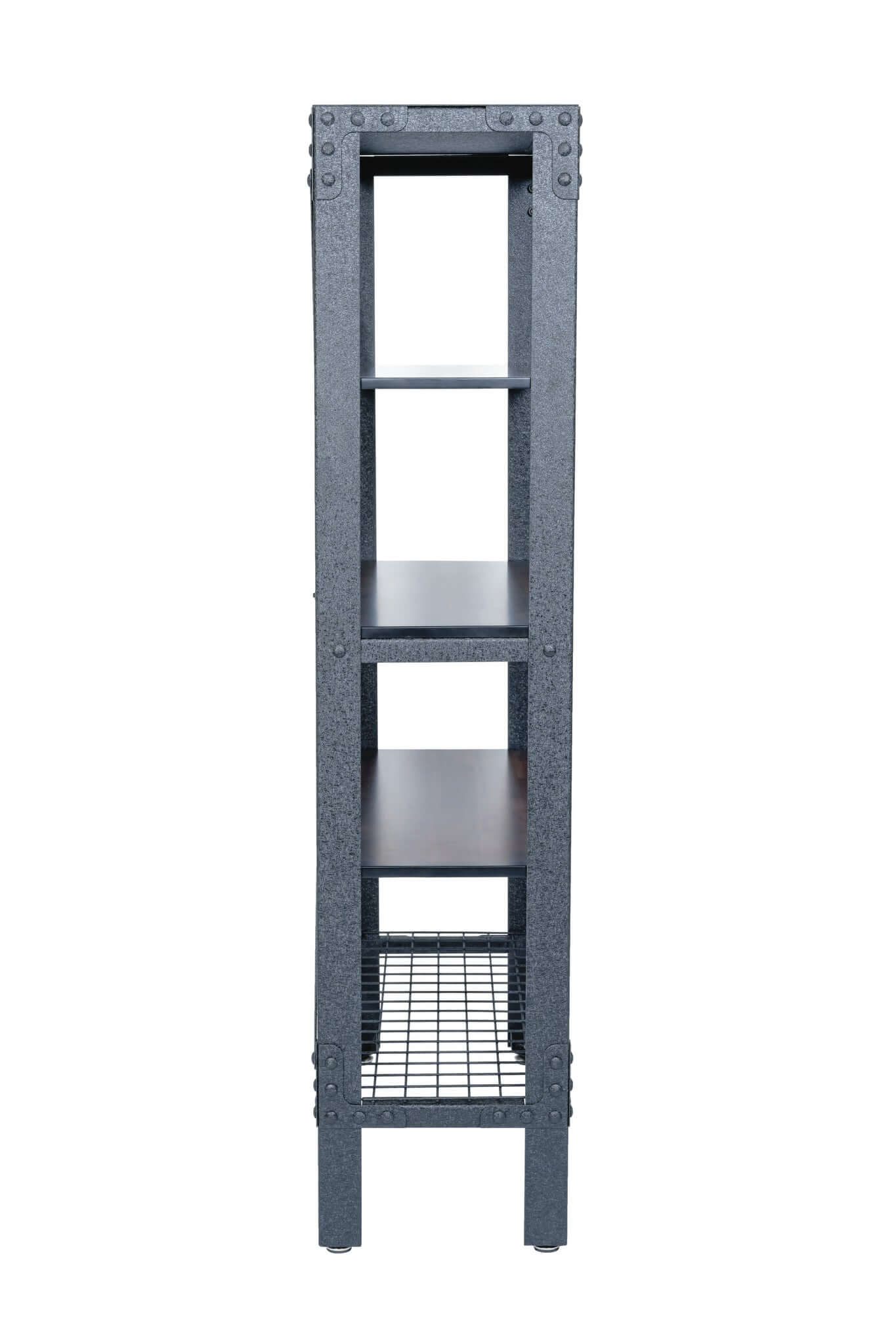 Side view of Duramax Industrial Metal and Wood Storage Shelving with acacia wood shelves and wire rack, ideal for home organization.
