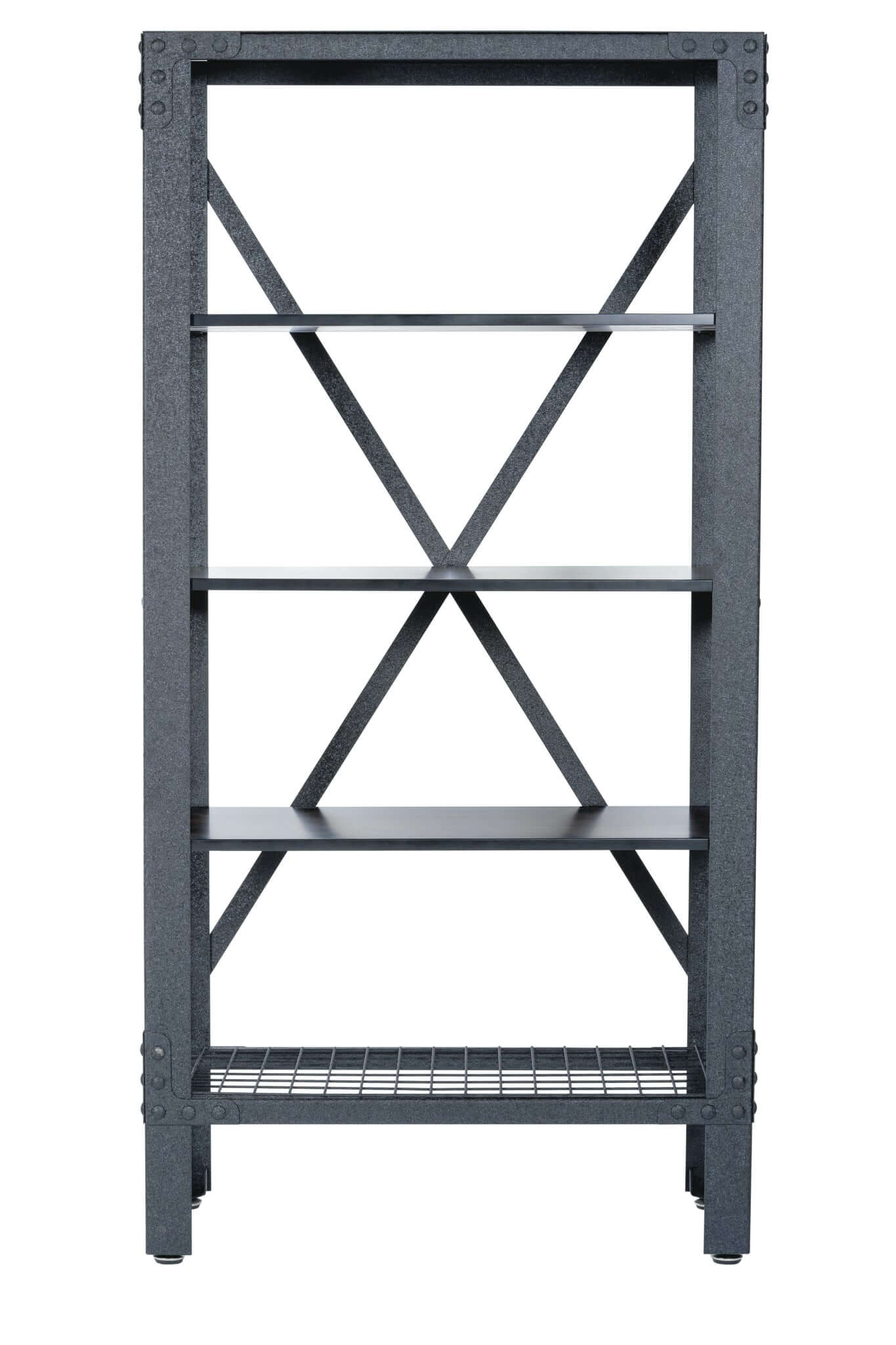 Duramax Industrial Metal and Wood Storage Shelving 68060 with acacia wood shelves and black wire rack.