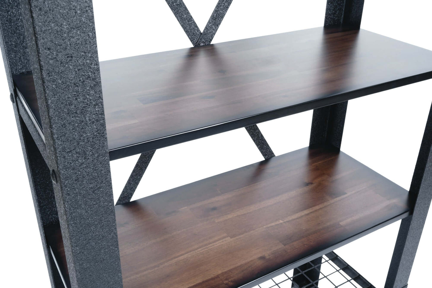 Close-up of Duramax Industrial Metal and Wood Storage Shelving with acacia wood shelves and black wire rack.