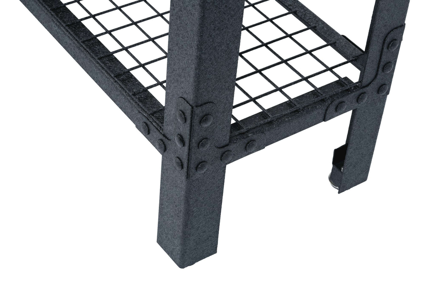 Close-up of Duramax Industrial Metal Storage Shelving black wire rack with sturdy metal frame and bolts.