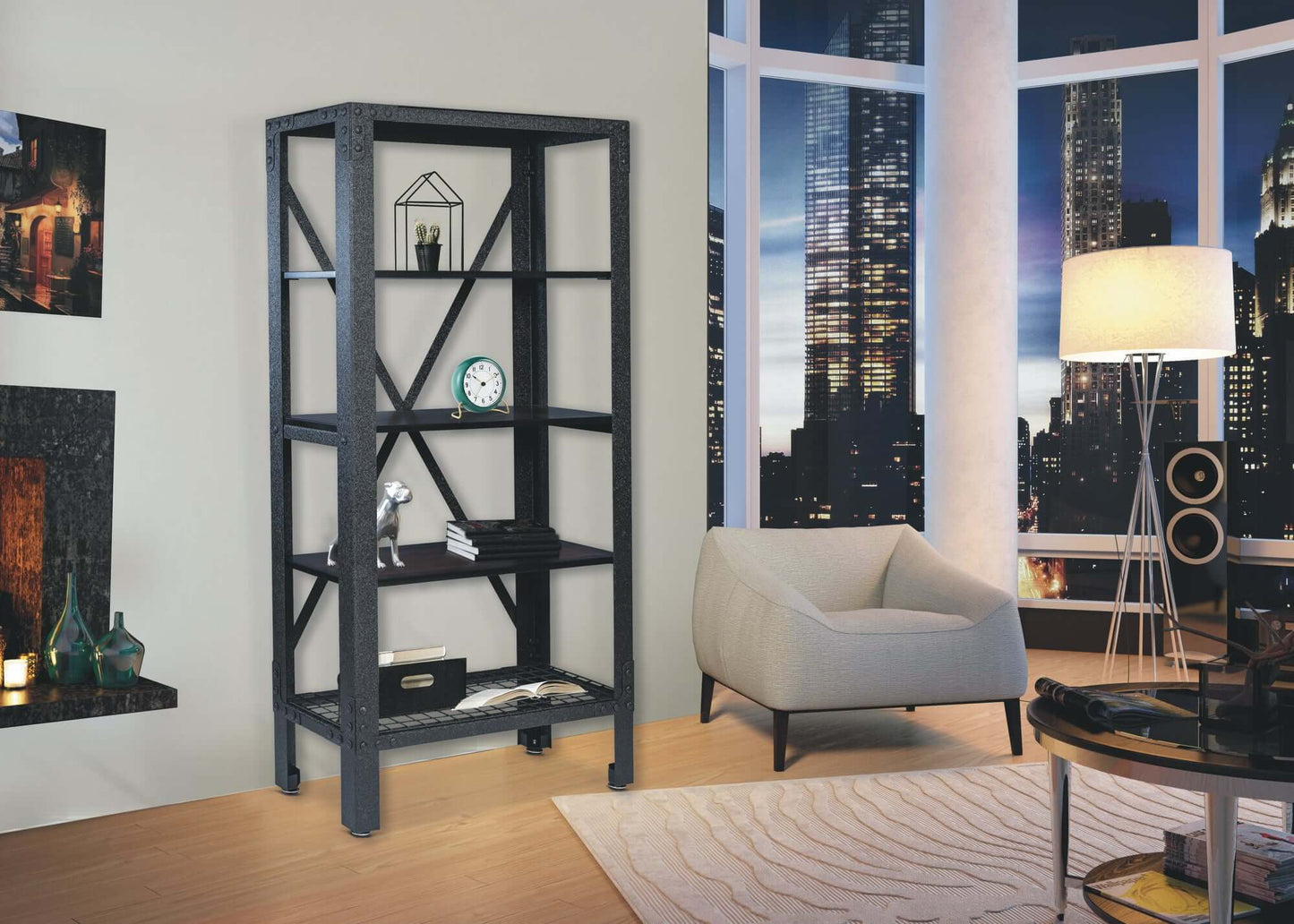 Modern living room featuring Duramax metal and wood storage shelving with three acacia wood shelves and a black wire rack.