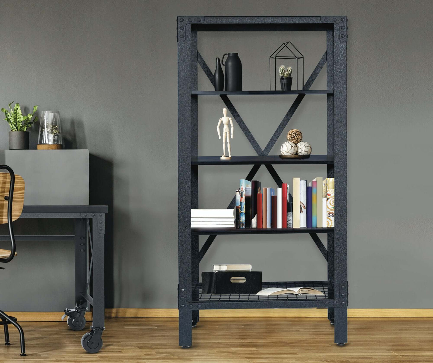 Duramax 68060 industrial metal and wood shelving with acacia shelves and black wire rack, stylish and durable home storage solution.