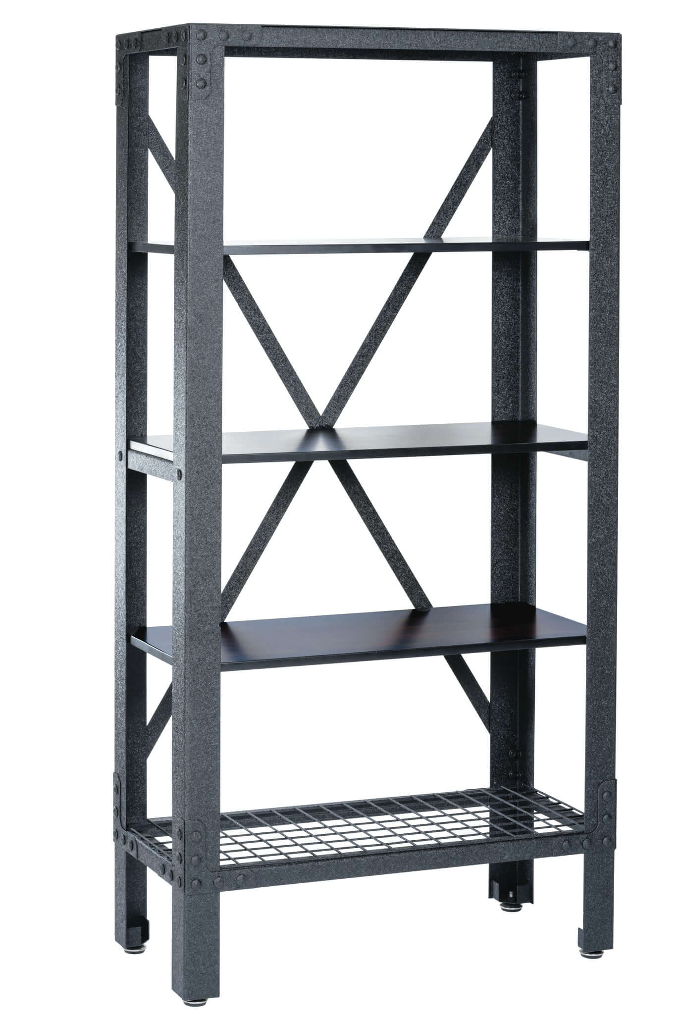 Duramax industrial shelving with wood and metal design, featuring three acacia wood shelves and a black wire bottom rack.