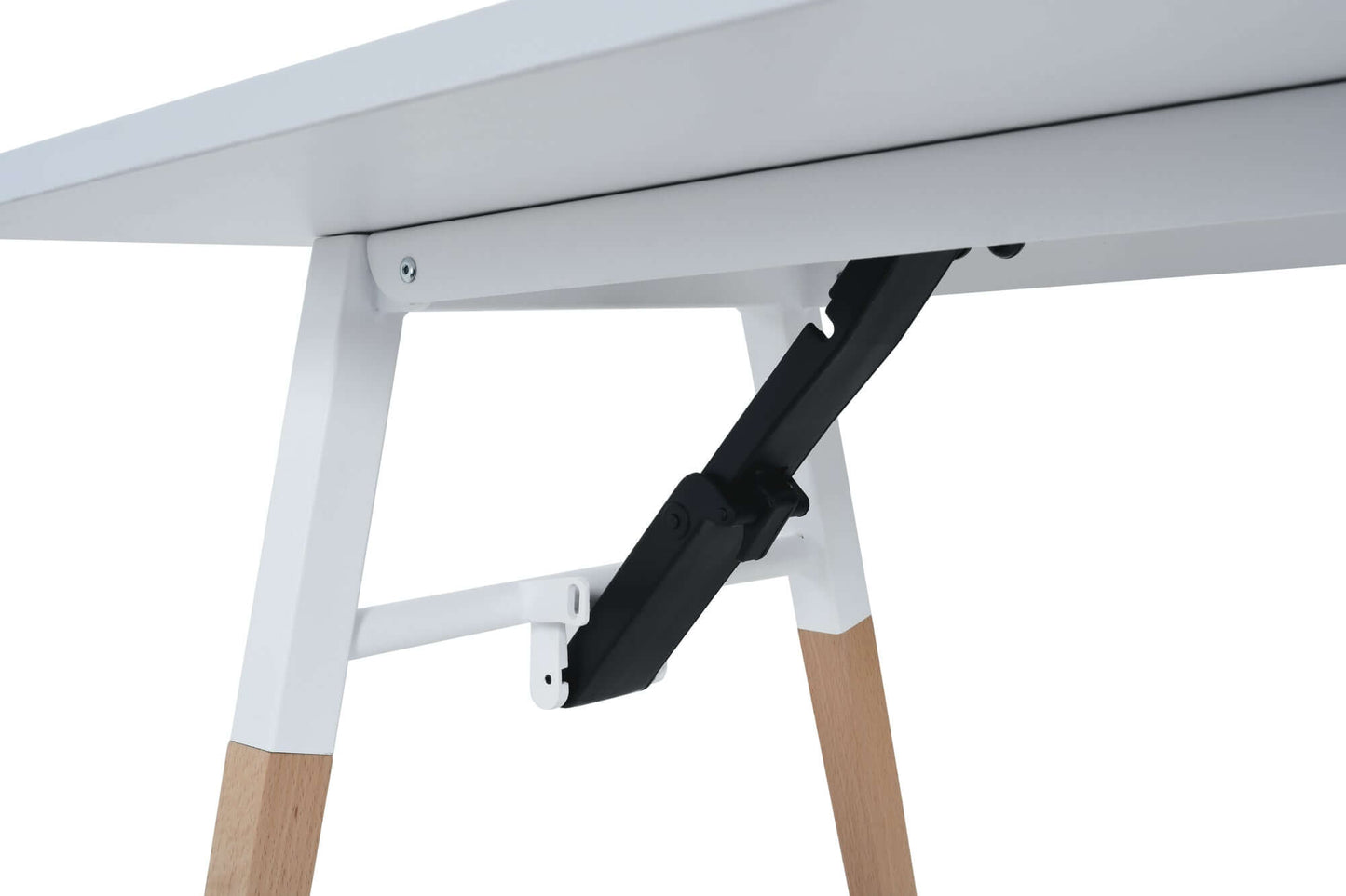 Close-up view of Duramax Neo Folding Table showing the sturdy hinge and tapered beechwood legs.