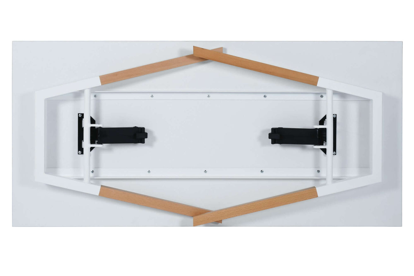 Duramax Neo Folding Table 68053 underside view showing white MDF top and wooden legs folded for compact storage.