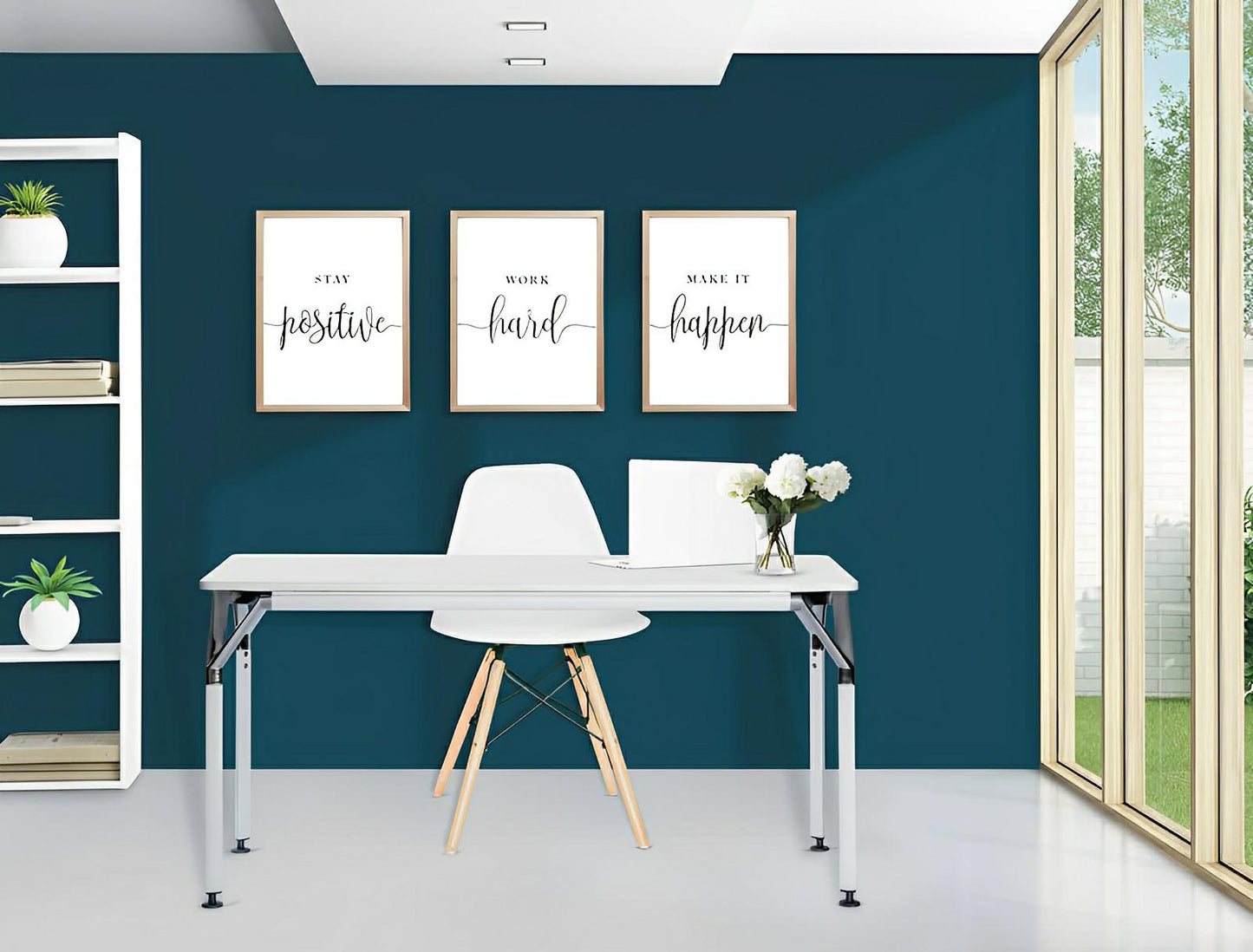 Duramax Ramo Desk in a modern room with decorative art, featuring aluminum legs and die-cast corners, blending style and function.