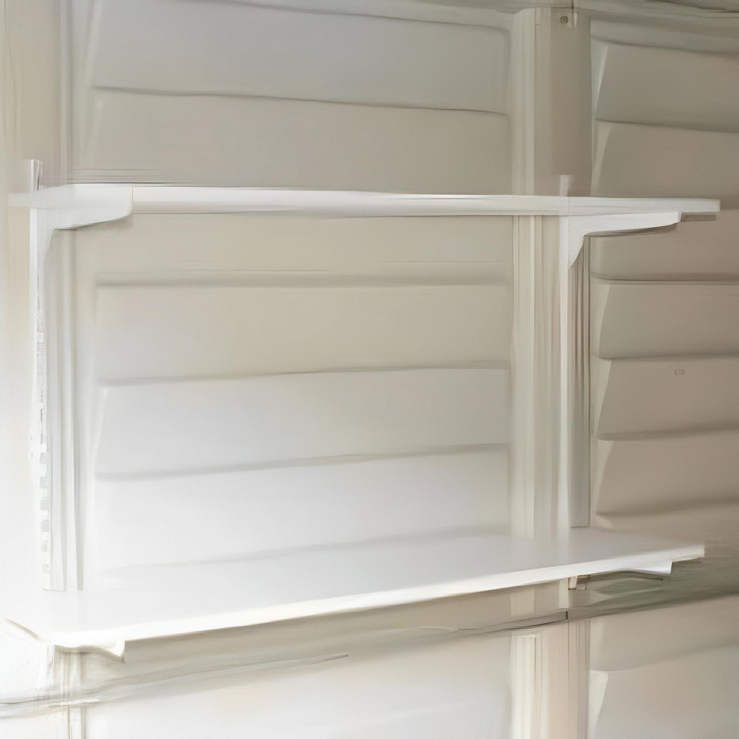 Duramax Shed Shelf Kit 12"x36" installed, highlighting storage solution with vertical supports and brackets in shed.