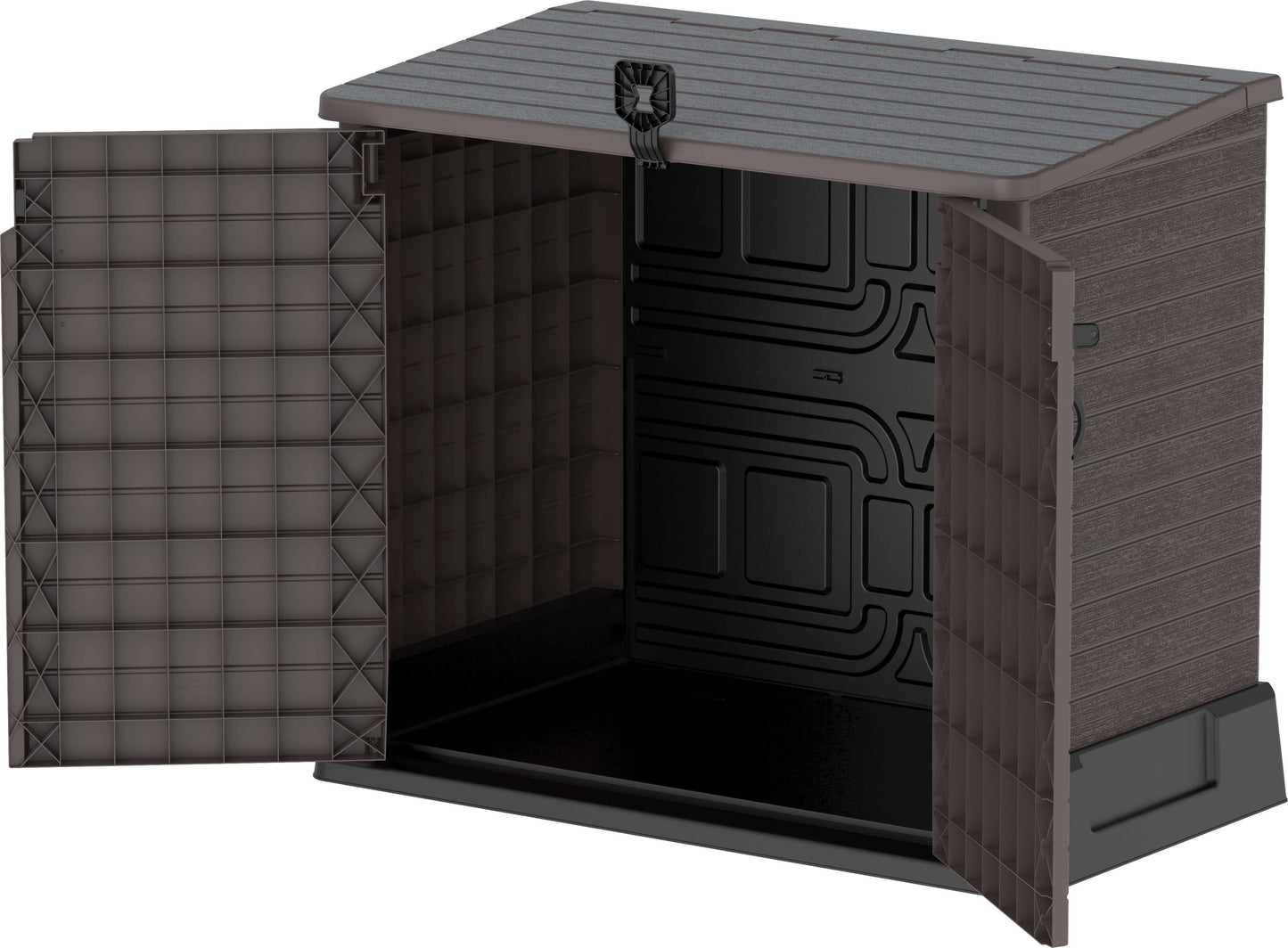 Alt Tag: Duramax Storeaway 850L brown garden shed with open doors showing storage space for tools, bikes, and BBQs.