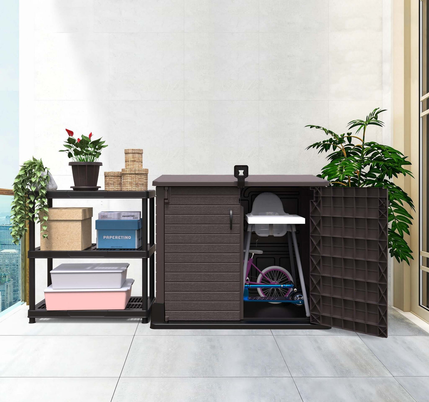 Duramax Storeaway brown 850L garden shed with wide-open door showing storage space for outdoor tools and bicycles, weatherproof
