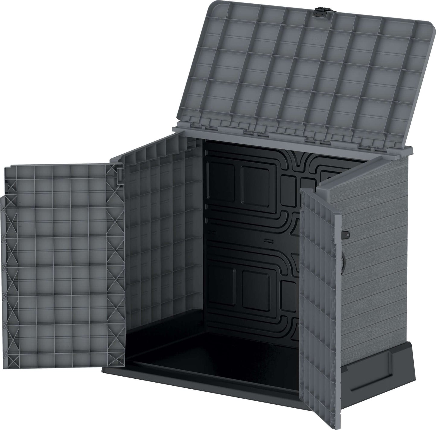 Duramax Storeaway 850L gray garden shed with open doors for storing outdoor items like tools and BBQs, showcasing spacious design.