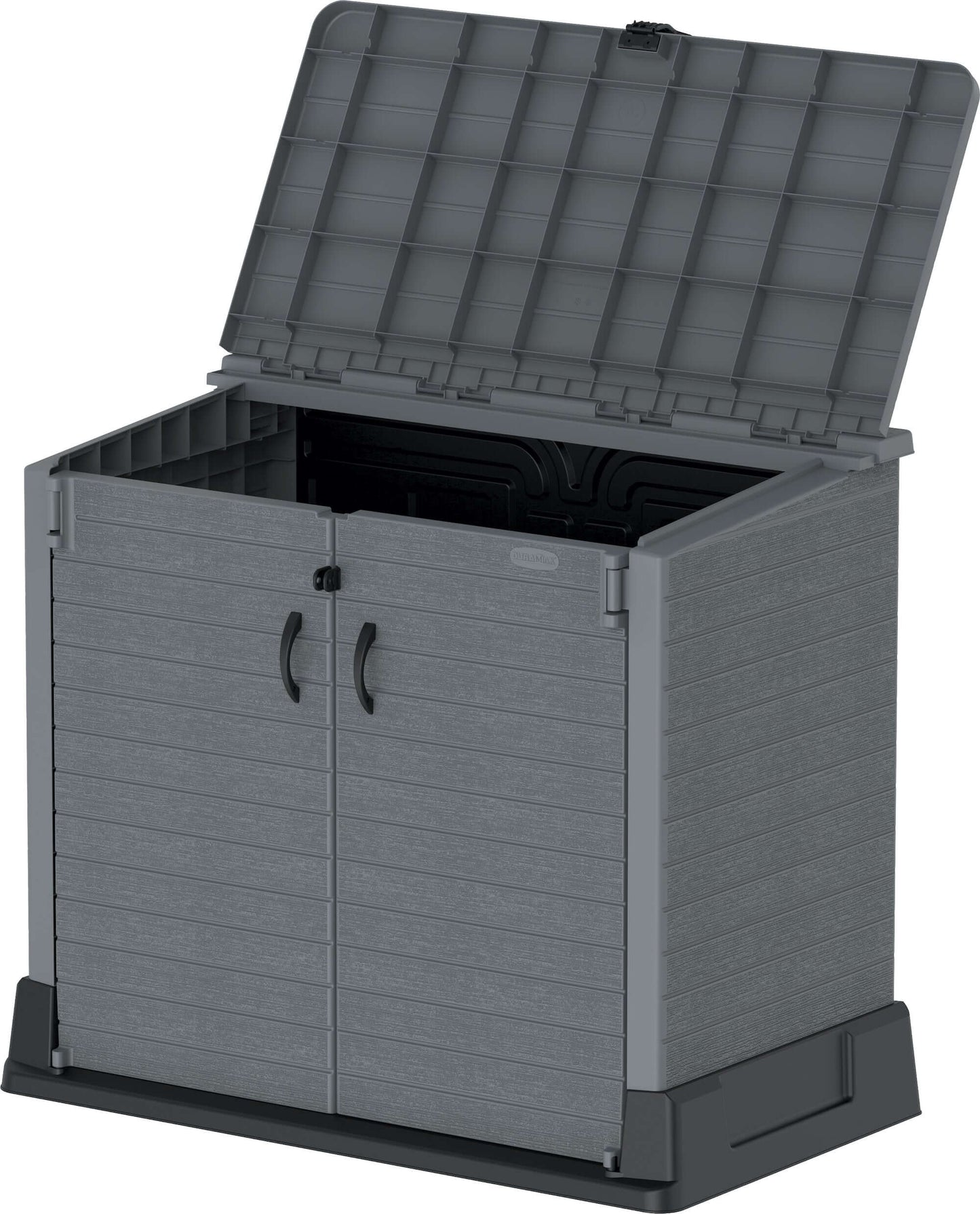 Duramax Storeaway 850L Gray outdoor garden shed with open lid and wide-opening doors for easy access to storage.