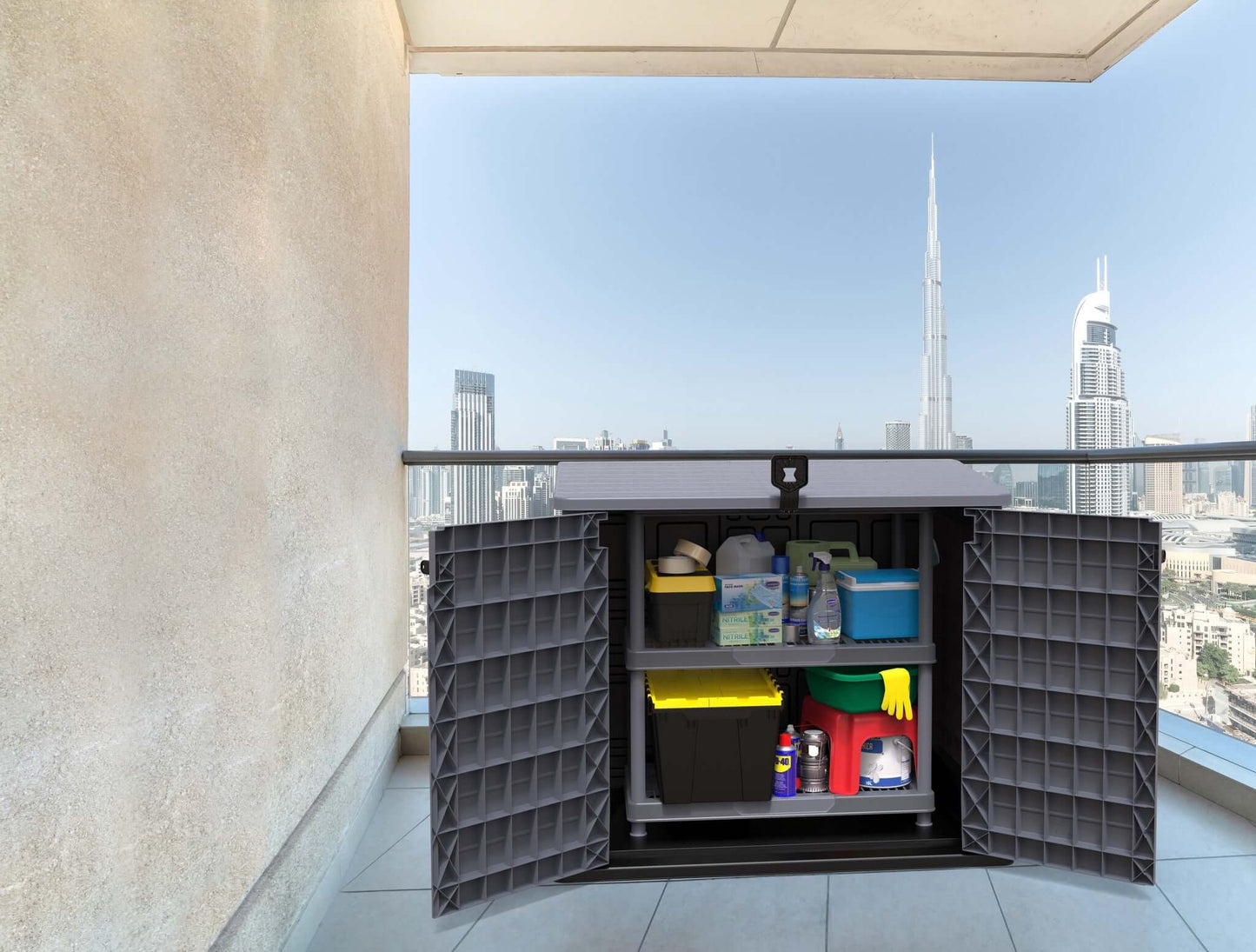 Duramax Storeaway garden shed on balcony with open doors, showcasing storage for garden tools and supplies against a city skyline.