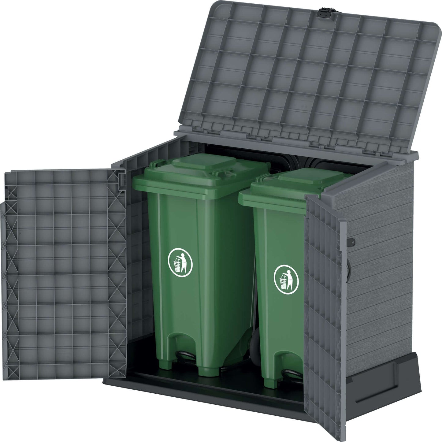 Duramax Storeaway 850L Gray 86620 shed with wide-opening doors, suitable for storing outdoor items, featuring two green trash bins inside.