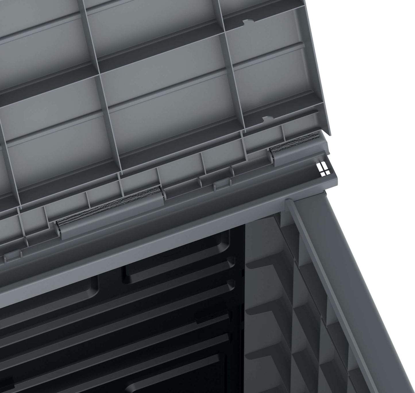 Interior view of Duramax StoreAway garden shed, showcasing robust gray plastic construction with weather-resistant features for outdoor storage.