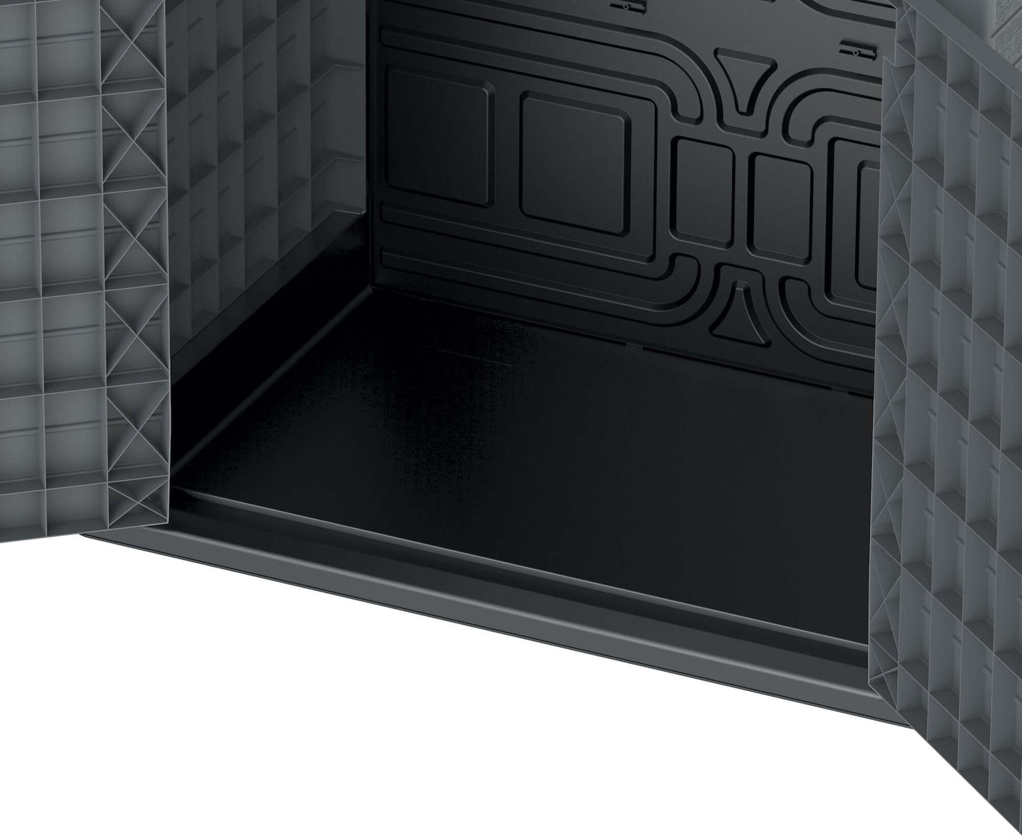 Duramax Storeaway 850L Gray outdoor garden shed interior with open doors, designed for storing tools, bicycles, and BBQs.