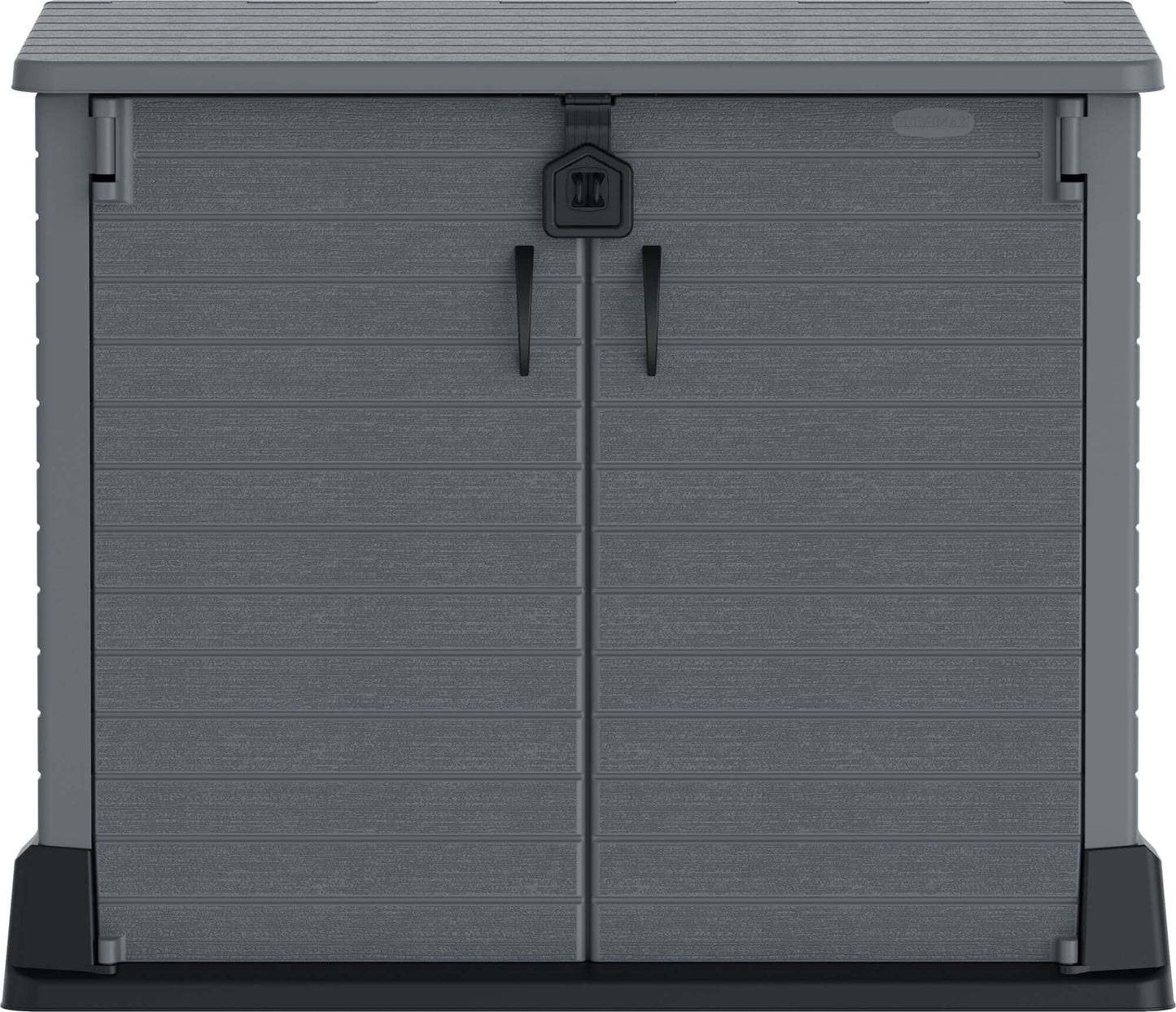 Duramax Storeaway 850L gray garden shed with wide-opening doors for outdoor storage of tools and bicycles, model 86620.