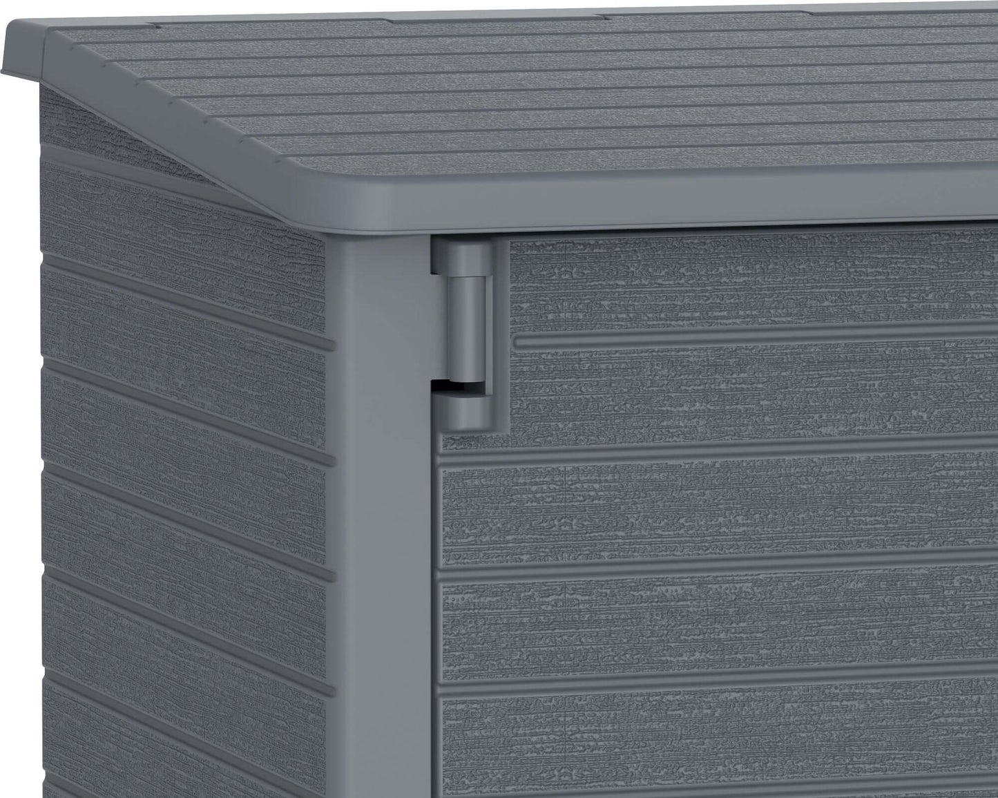 Close-up of Duramax Storeaway 850L Gray garden shed with weather-resistant plastic and hinged door, ideal for outdoor storage.