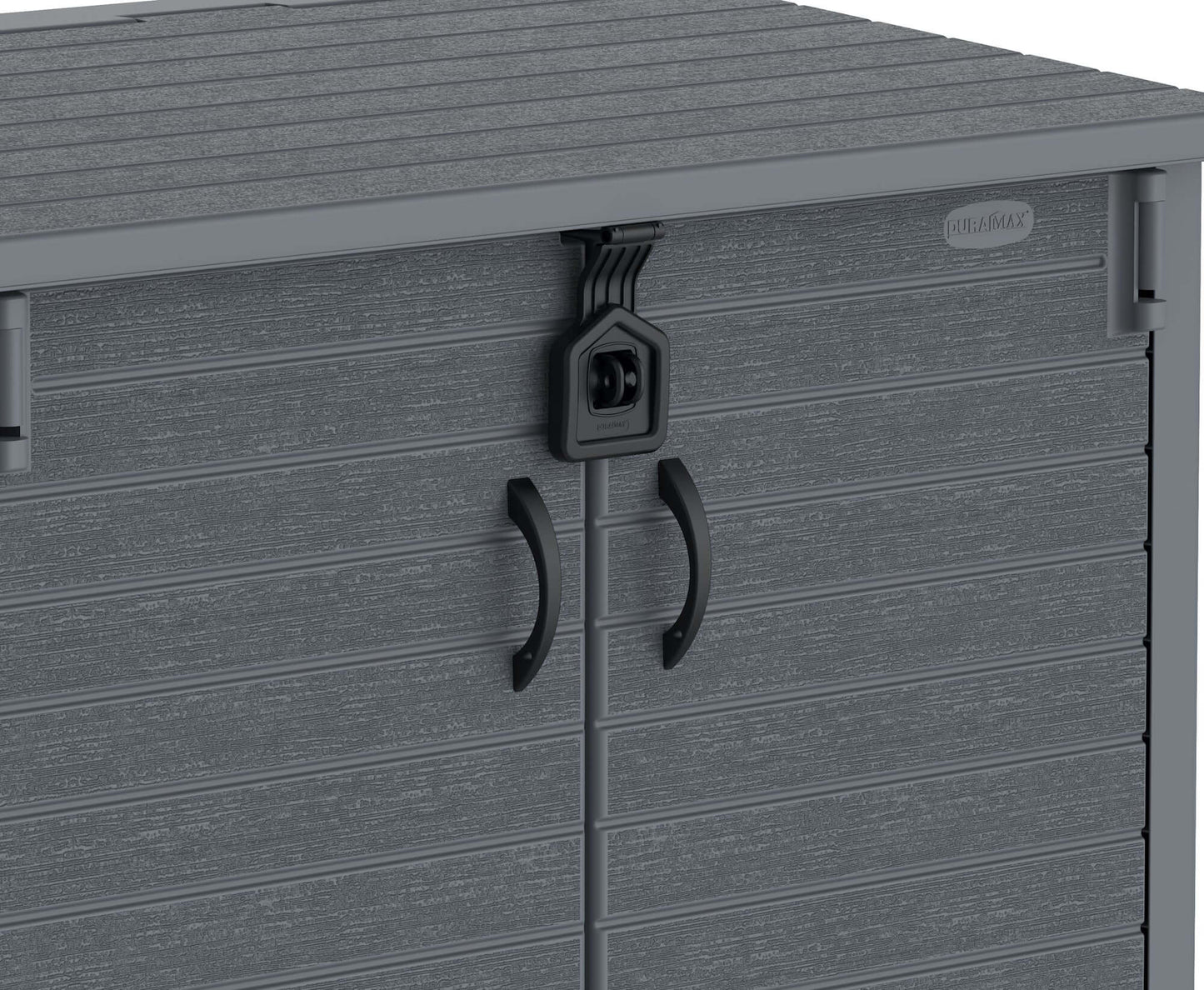Duramax Storeaway 850L gray garden shed with sturdy plastic construction and wide-opening doors for outdoor storage.