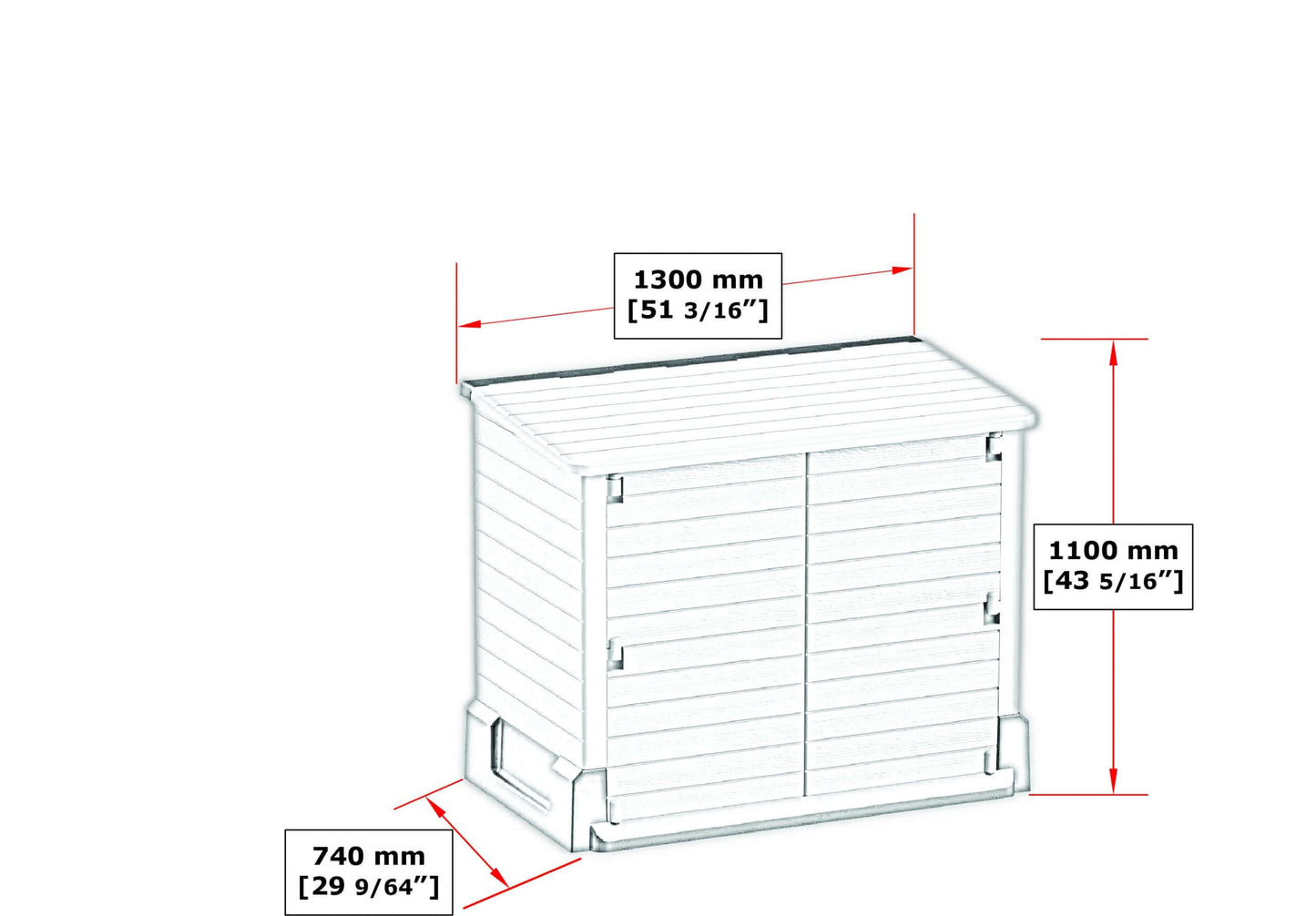 Duramax StoreAway garden shed with dimensions 1300x1100x740mm, featuring wide-opening doors, ideal for outdoor storage.