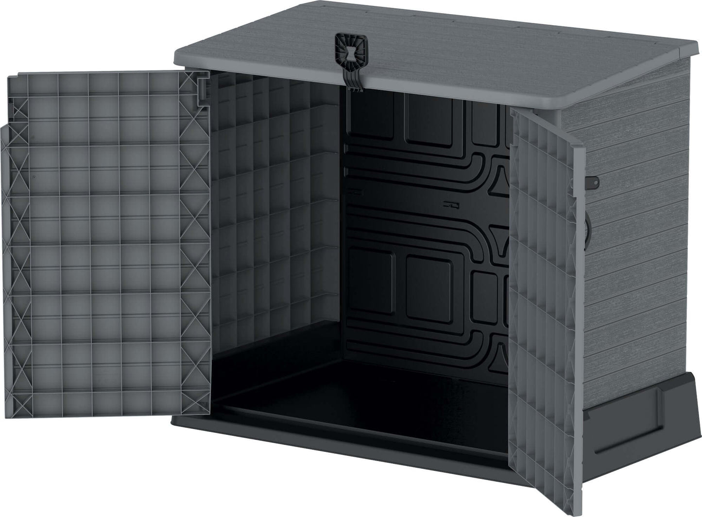Duramax Storeaway 850L gray garden shed with open doors, ideal for storing outdoor items like gardening tools and bicycles.