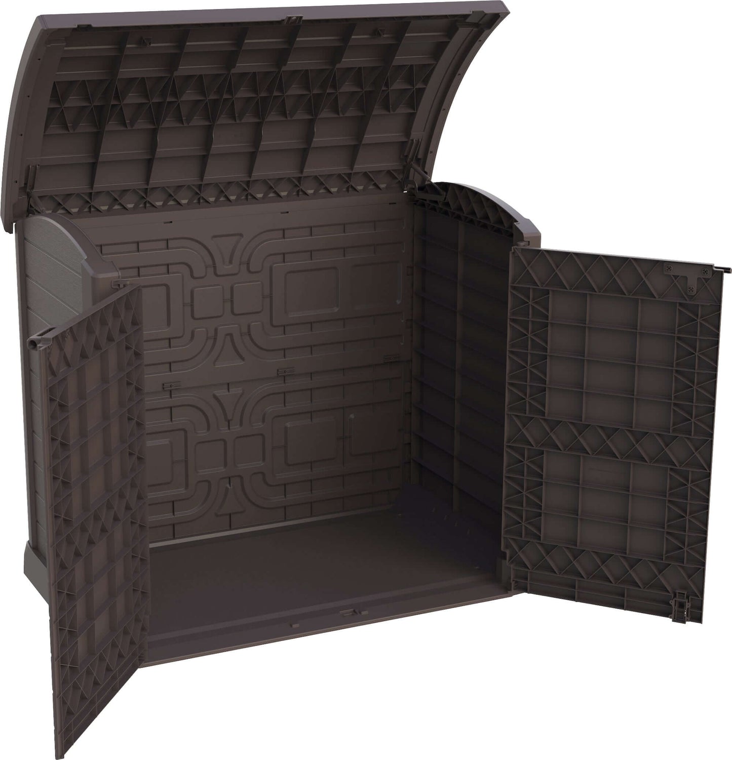 Duramax Storeaway 1200L Arc Lid garden shed with doors open, ideal for storing tools and equipment. Weatherproof and durable design.