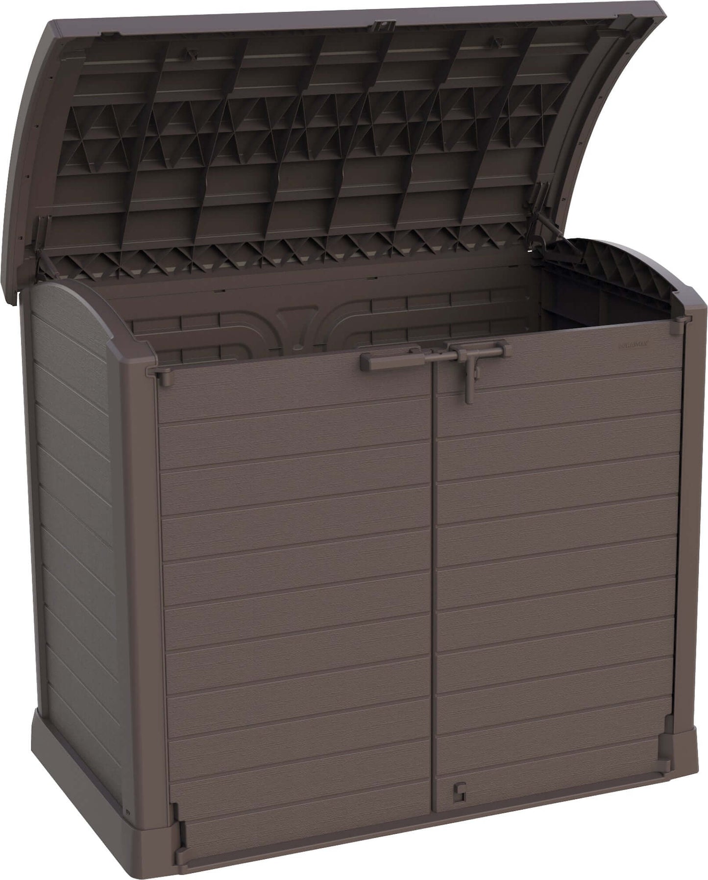 Duramax StoreAway Arc Lid 1200L Brown Shed for outdoor storage of tools, bikes, and BBQ equipment, with wide-opening doors for easy access.