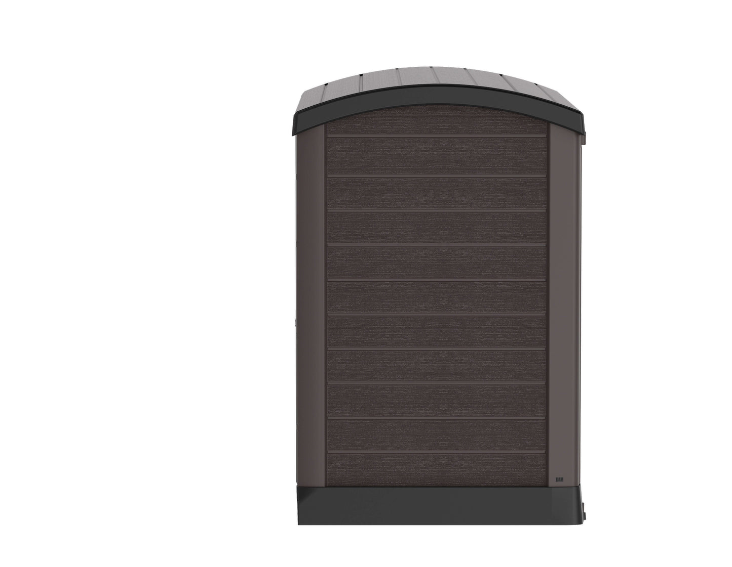 Duramax Storeaway Arc Lid 1200L brown garden shed for storing tools, bikes, BBQ equipment. Durable weatherproof plastic with wide doors.