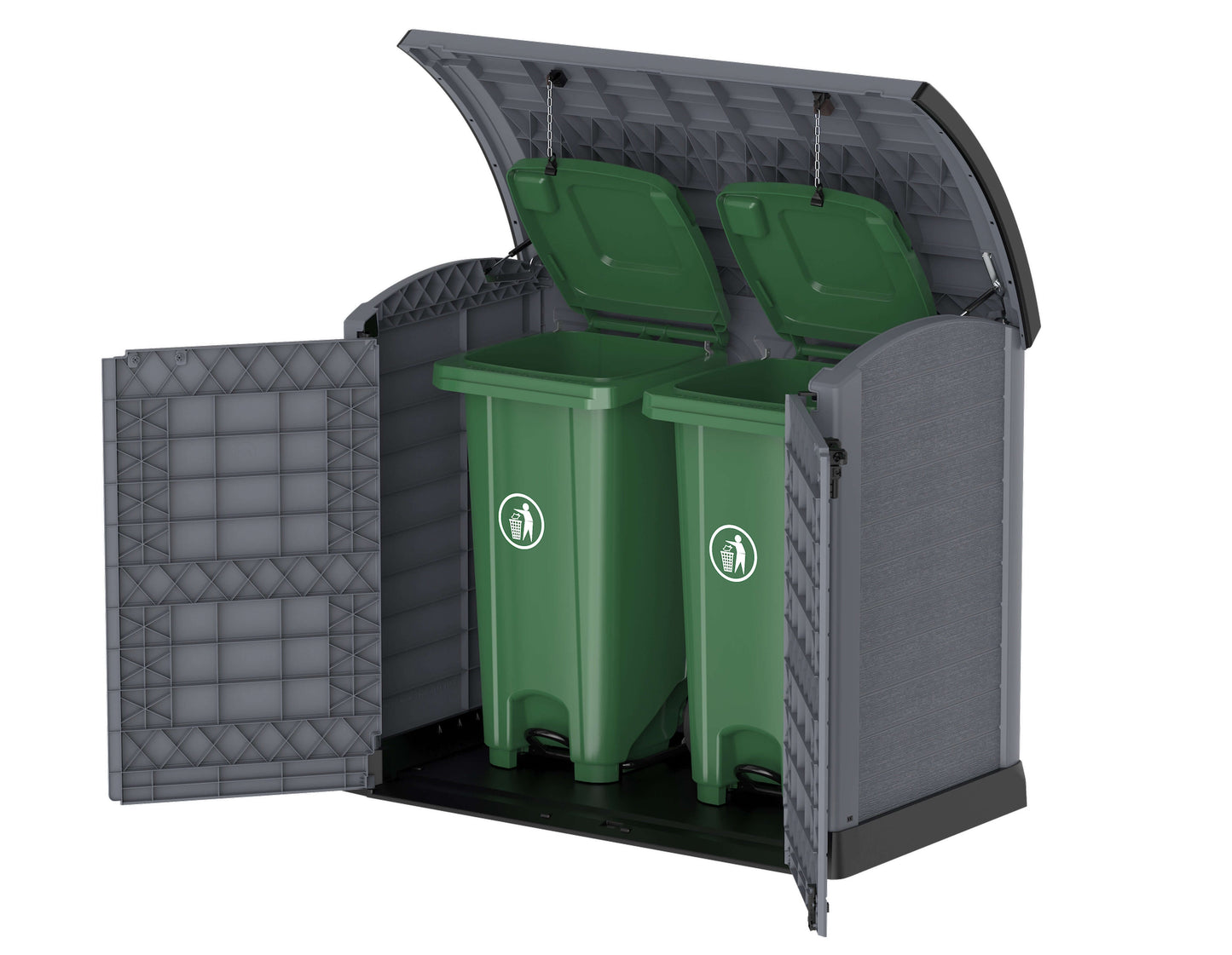 Duramax Storeaway Arc Lid 1200L gray shed with open doors showing storage for two green waste bins, garden storage solution.