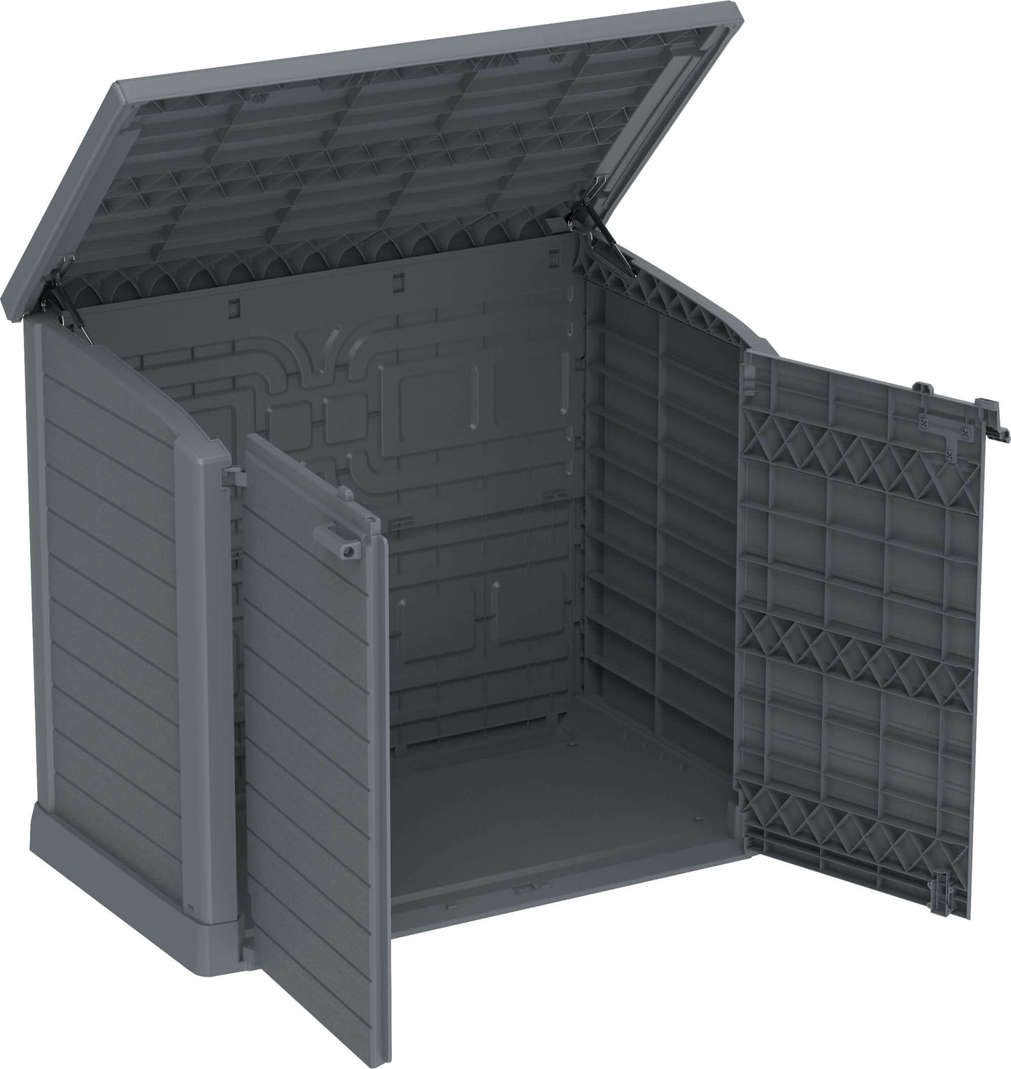 Duramax Storeaway Flat Lid 1200L gray shed with open wide doors, ideal for outdoor storage of tools and bikes.