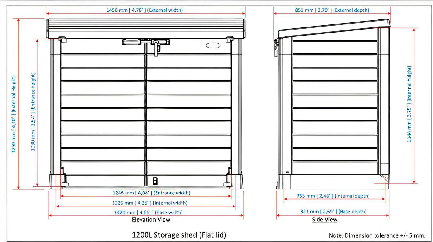 Technical drawing of Duramax Storeaway 1200L flat lid storage shed, showing dimensions and design for outdoor organization.