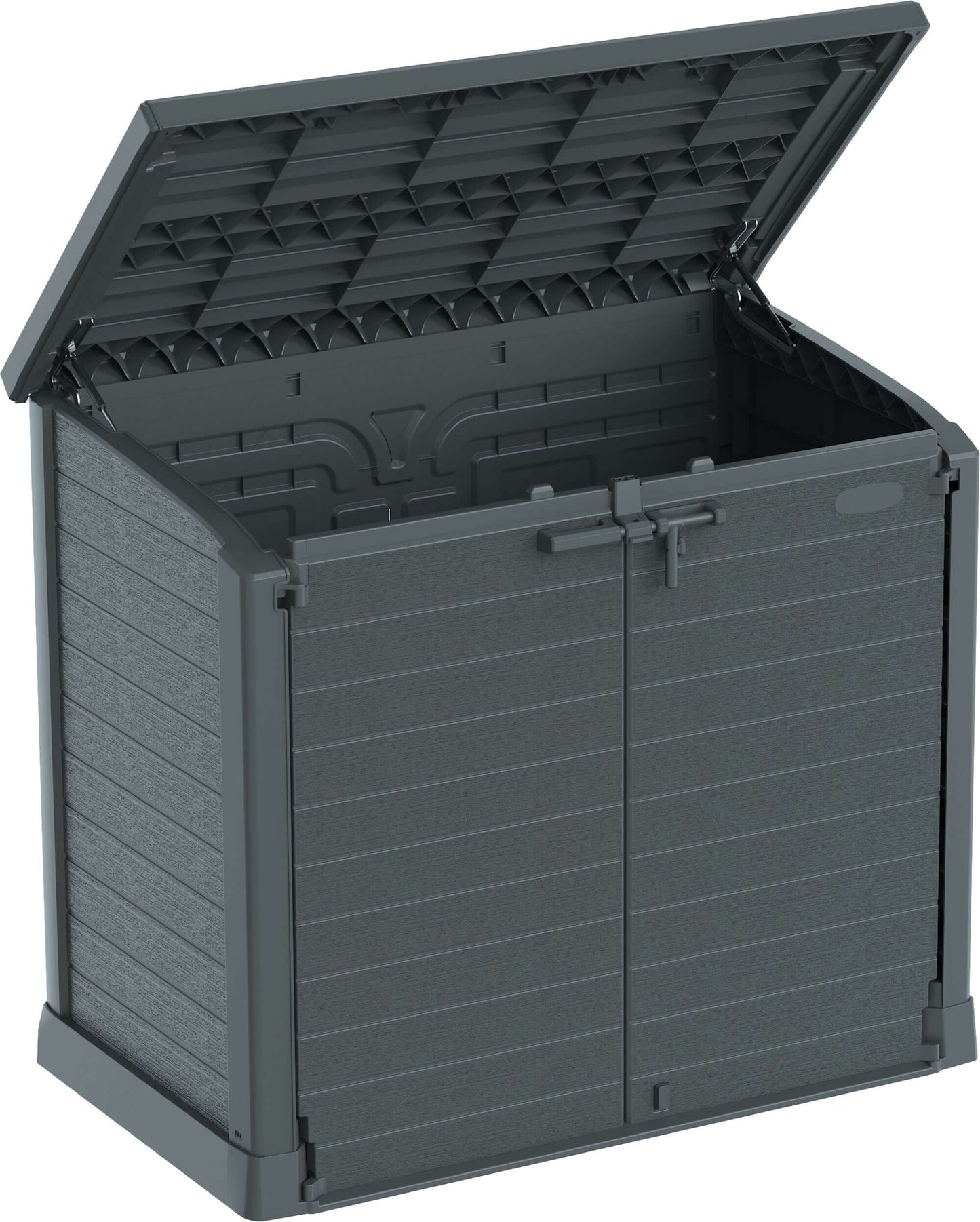 Duramax Storeaway Flat Lid 1200L Gray garden shed for outdoor storage of tools and bikes with wide access doors.